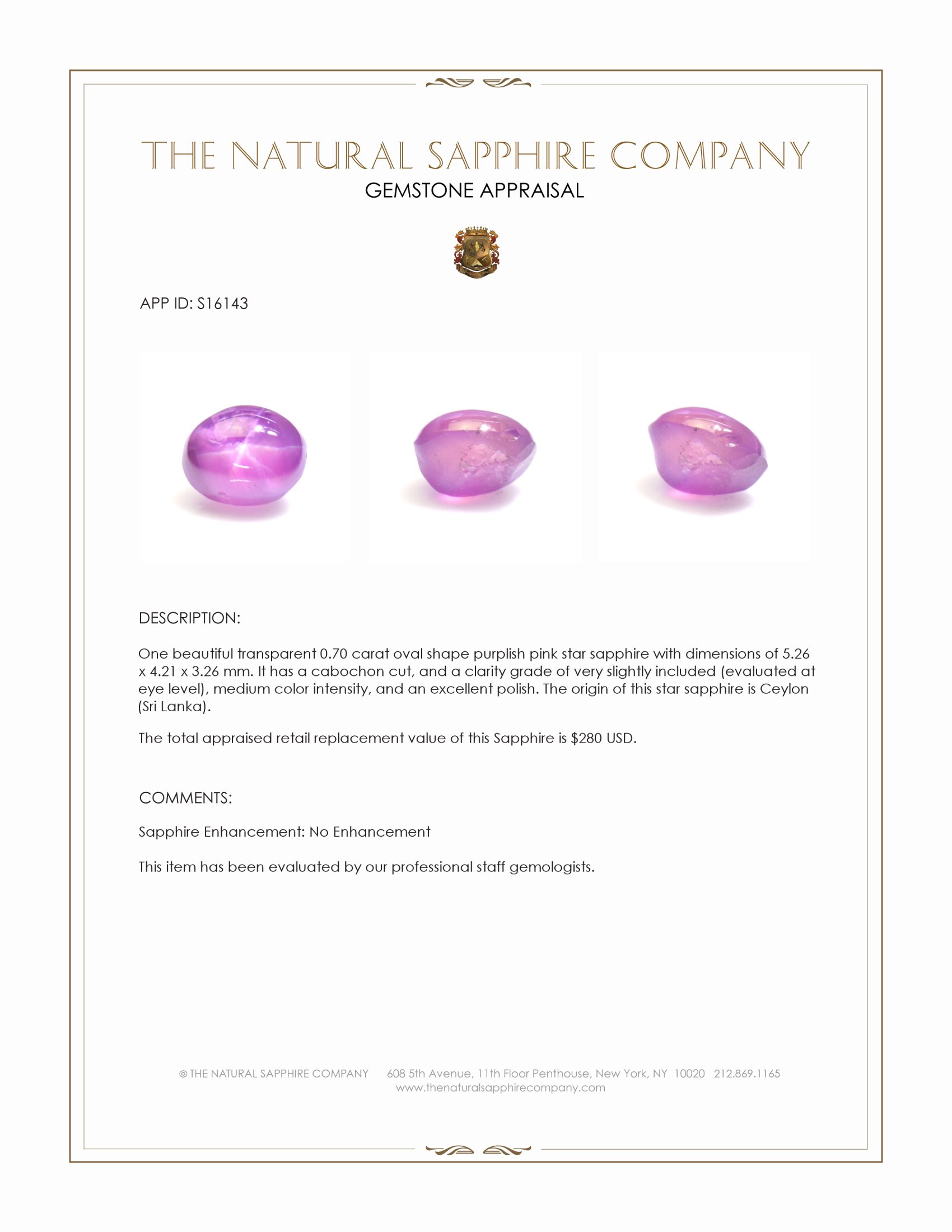 0.70 Ct. Purplish Pink Star Sapphire from Ceylon (Sri Lanka)