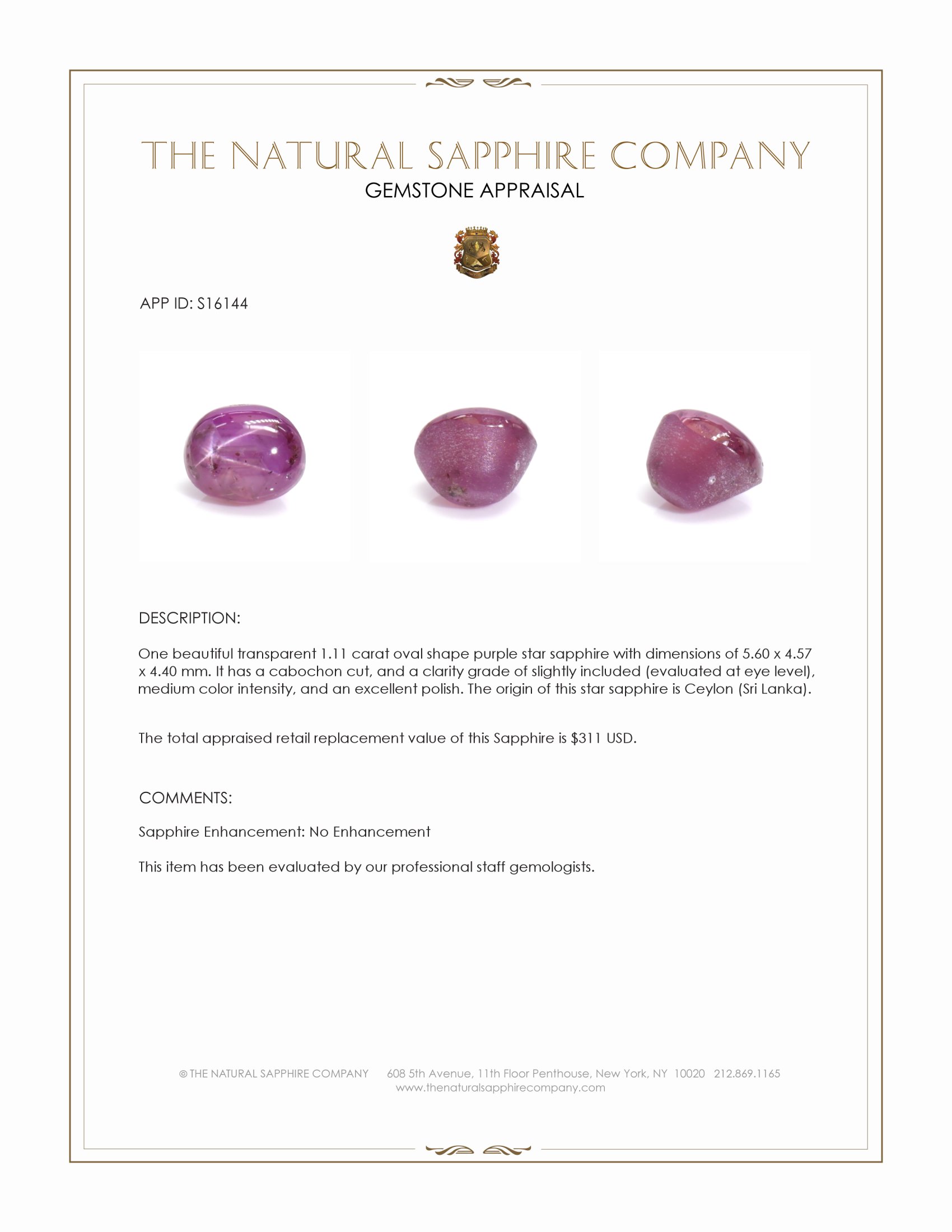 1.11 Ct. Purple Star Sapphire from Ceylon (Sri Lanka)