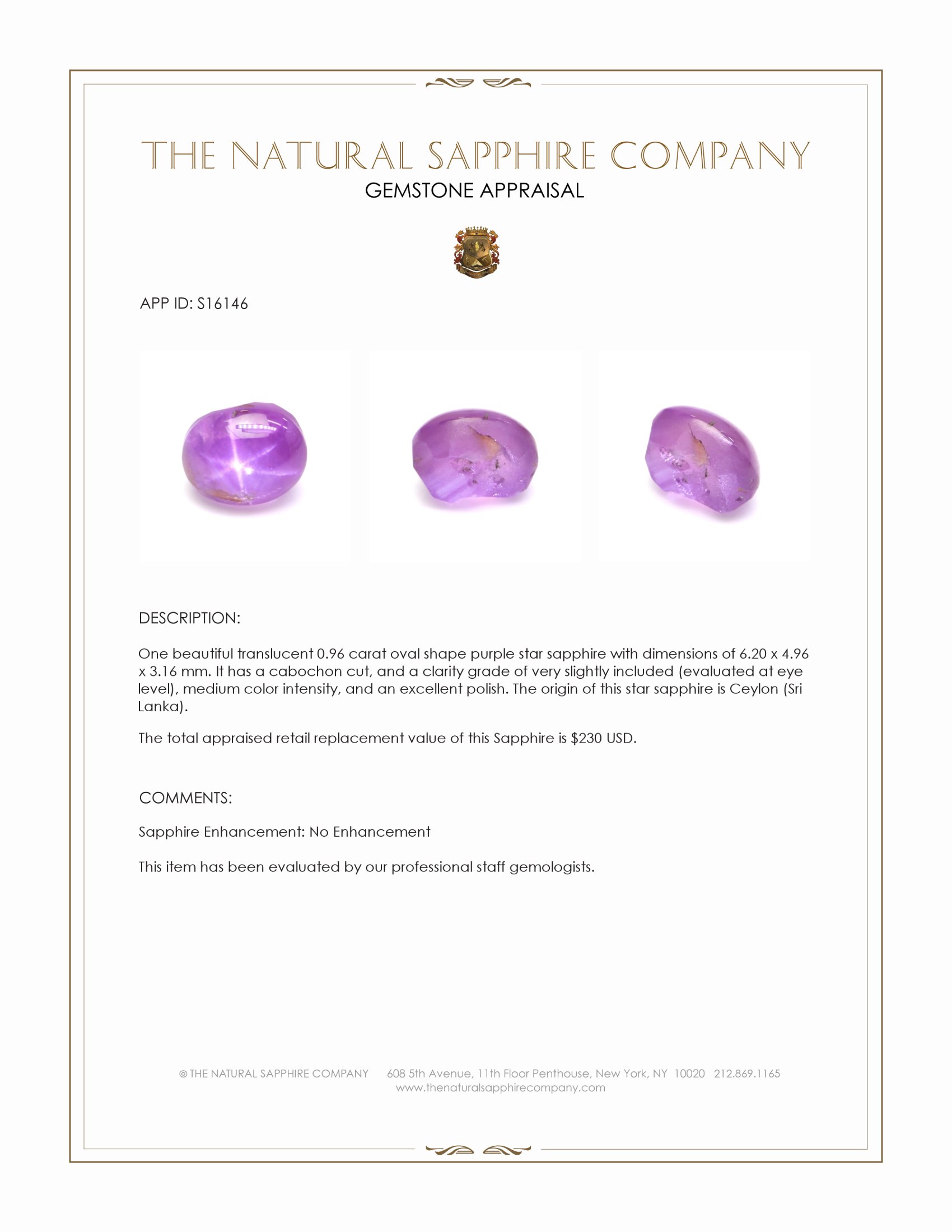 0.96 Ct. Purple Star Sapphire from Ceylon (Sri Lanka)