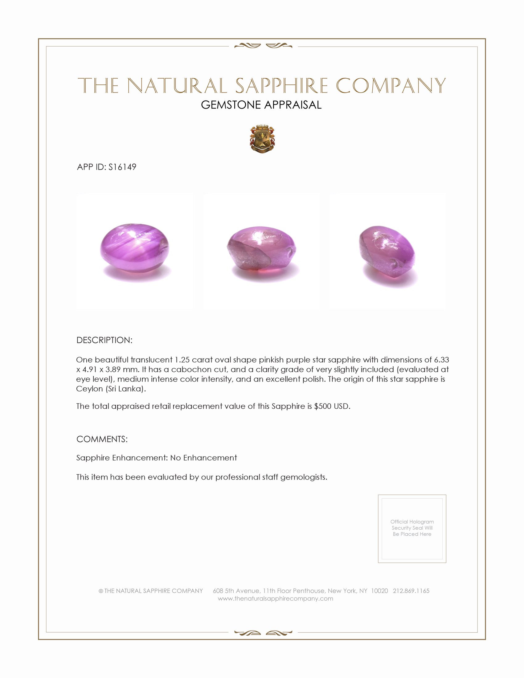 1.25 Ct. Pinkish Purple Star Sapphire from Ceylon (Sri Lanka)