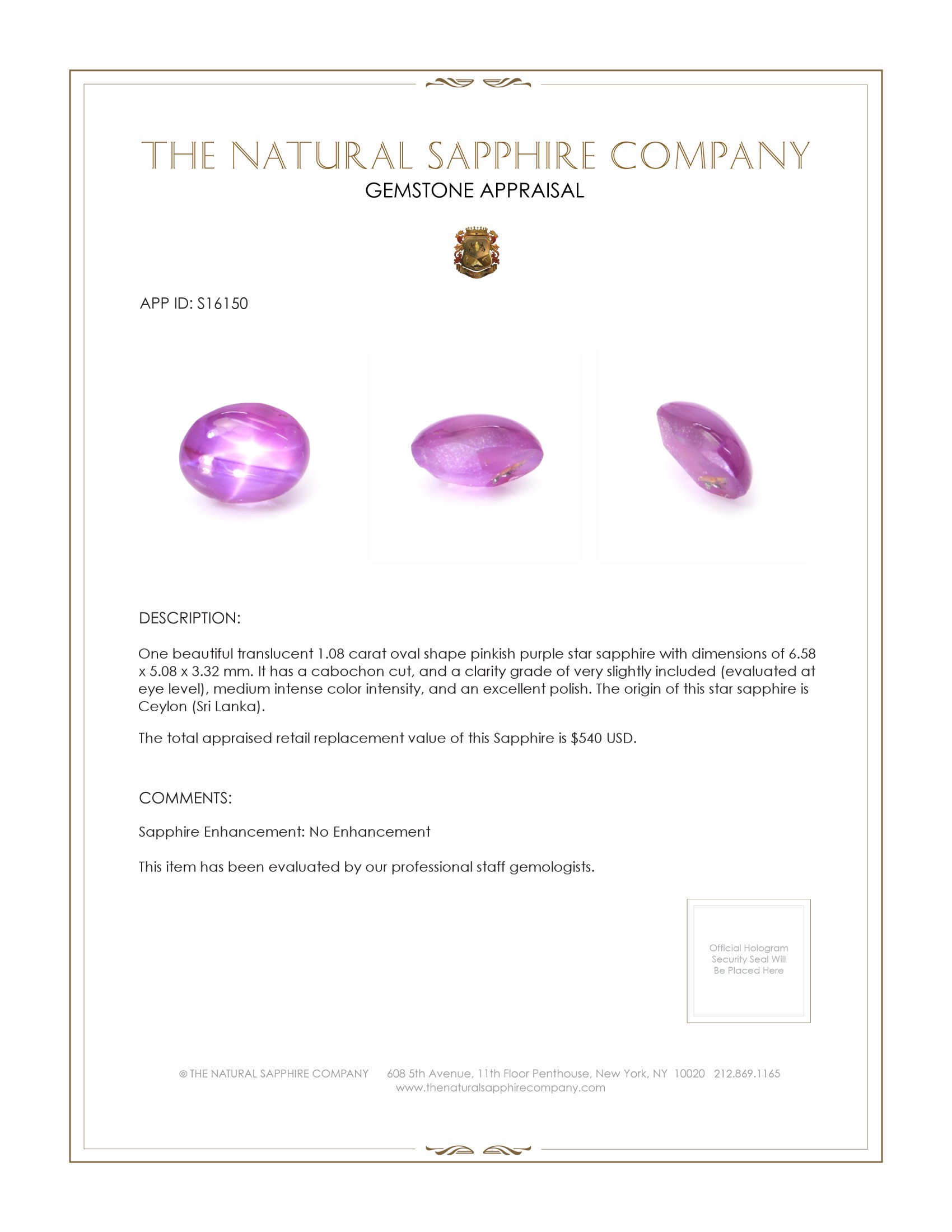 1.08 Ct. Pinkish Purple Star Sapphire from Ceylon (Sri Lanka)