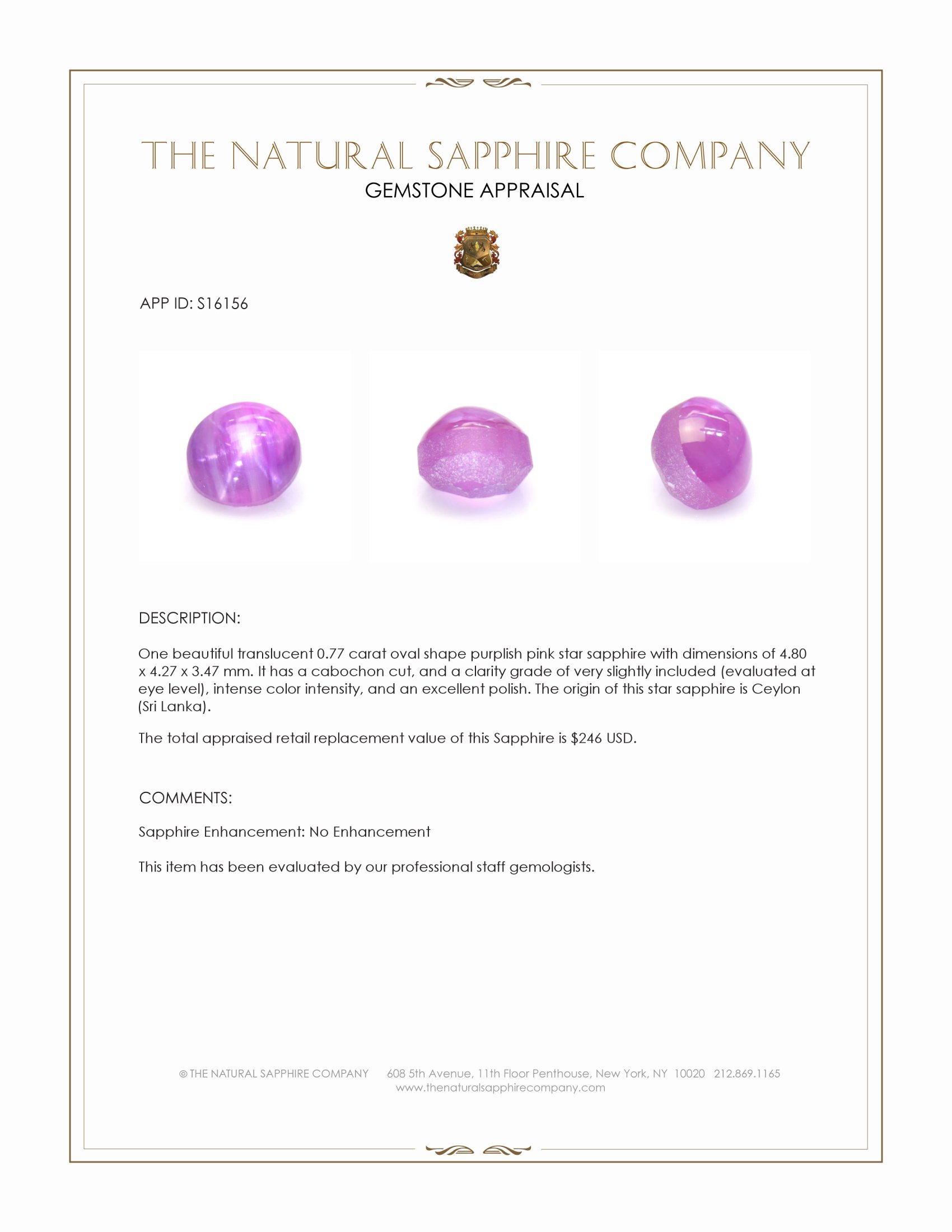 0.77 Ct. Purplish Pink Star Sapphire from Ceylon (Sri Lanka)