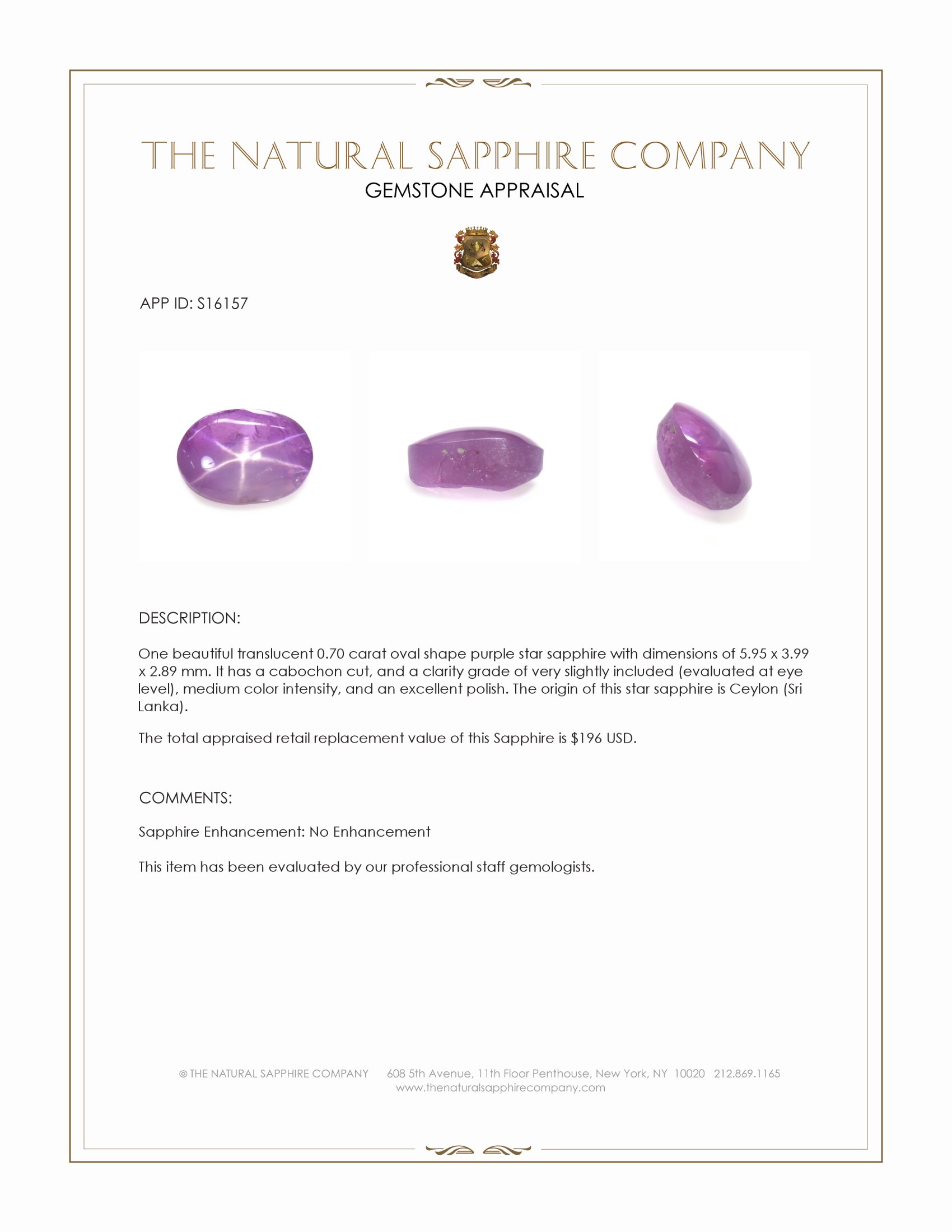 0.70 Ct. Purple Star Sapphire from Ceylon (Sri Lanka)