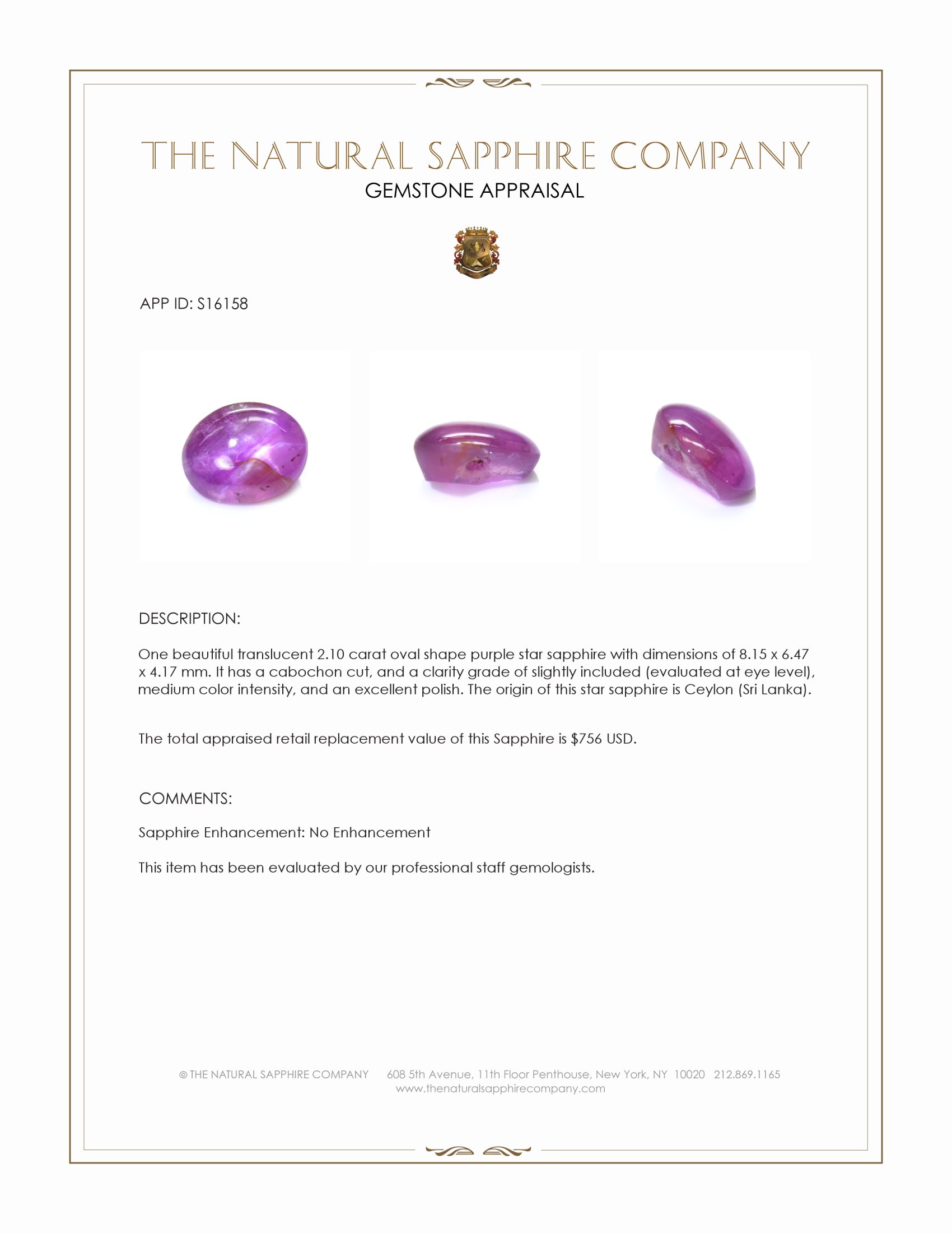 2.10 Ct. Purple Star Sapphire from Ceylon (Sri Lanka)