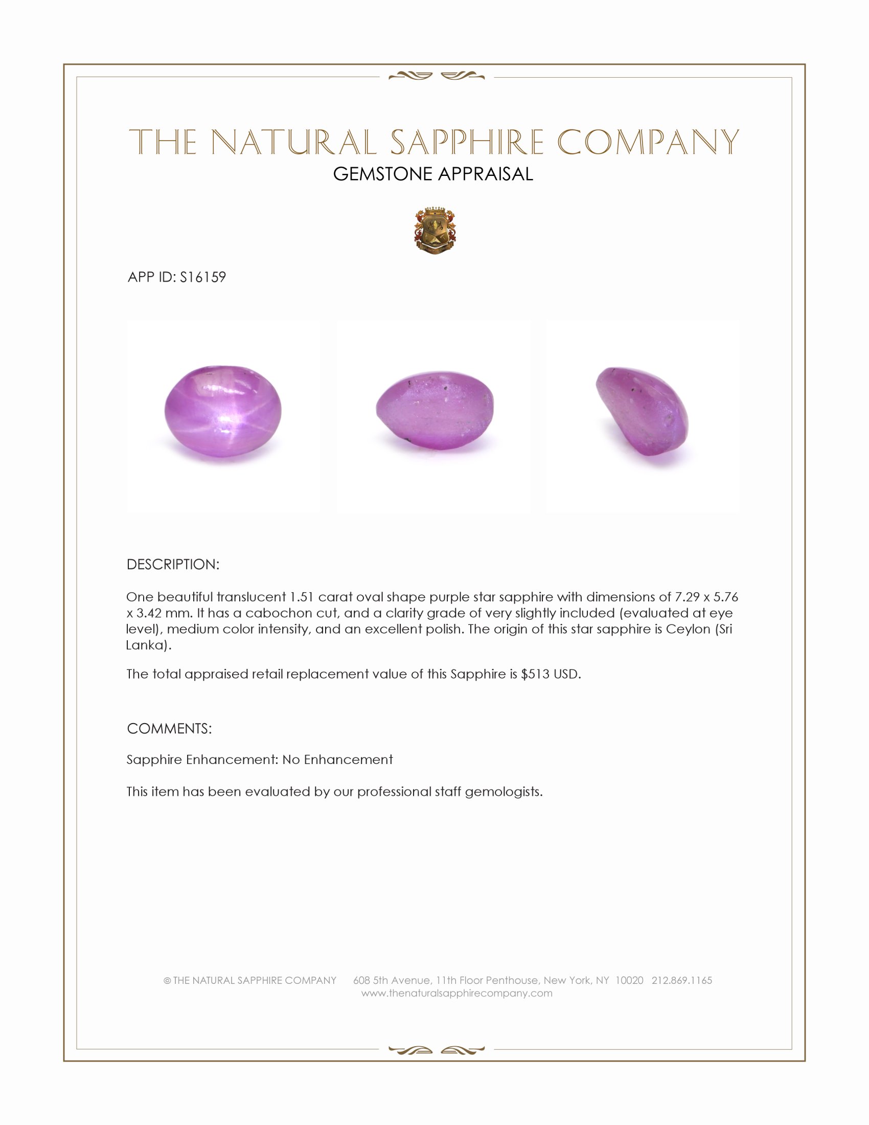 1.51 Ct. Purple Star Sapphire from Ceylon (Sri Lanka)