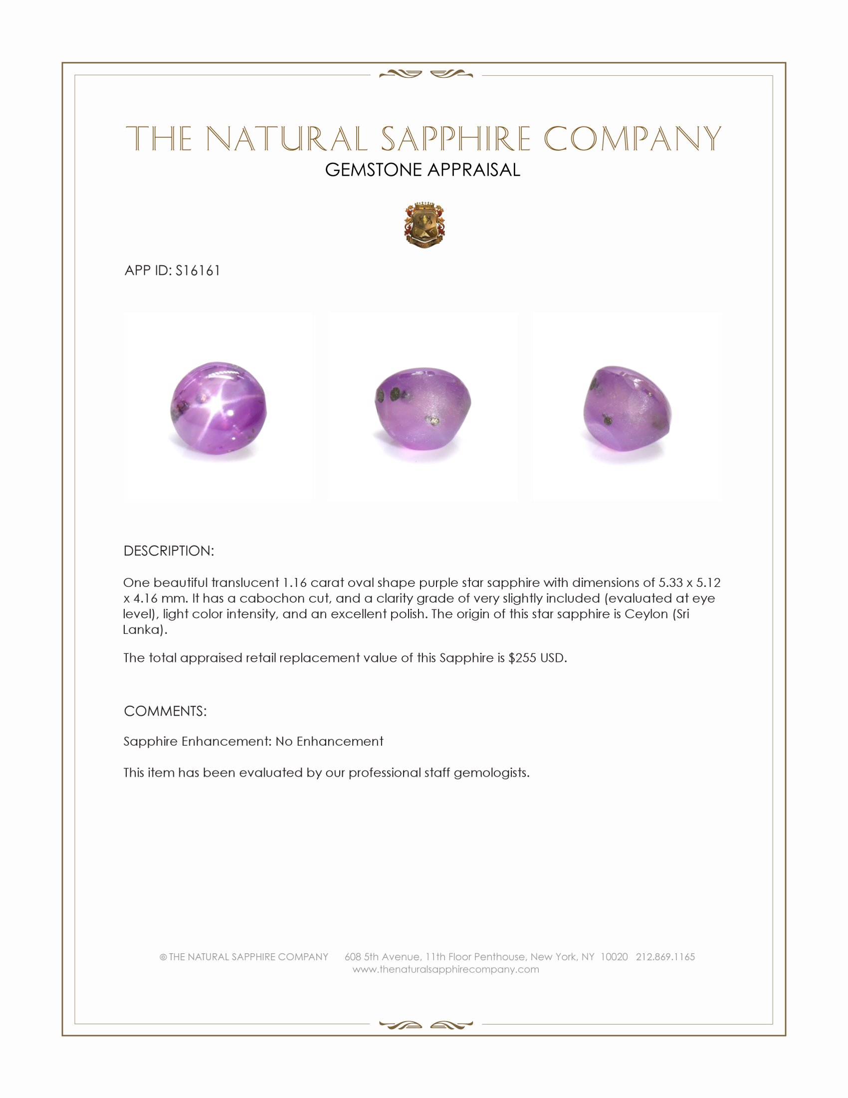 1.16 Ct. Purple Star Sapphire from Ceylon (Sri Lanka)