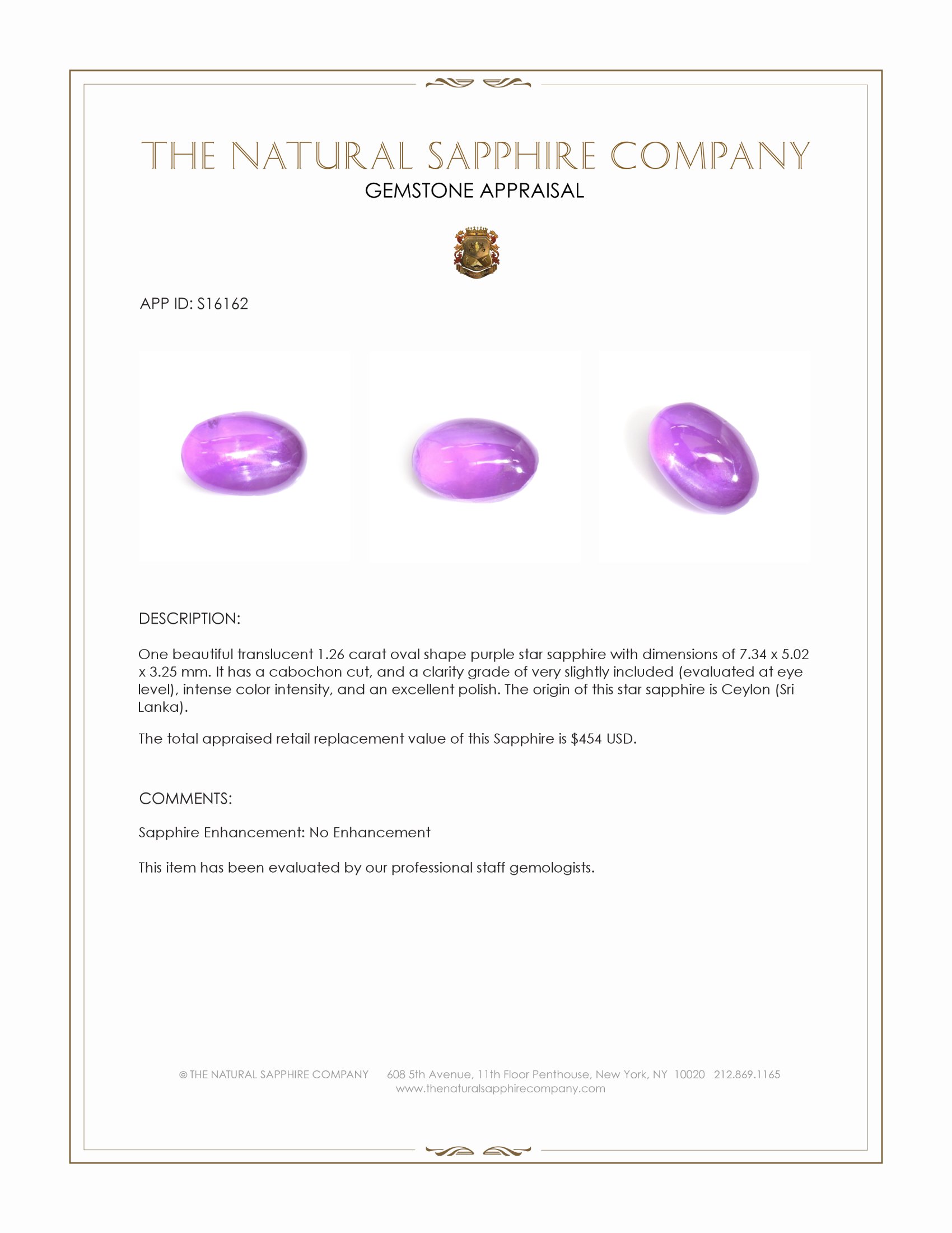 1.26 Ct. Purple Star Sapphire from Ceylon (Sri Lanka)