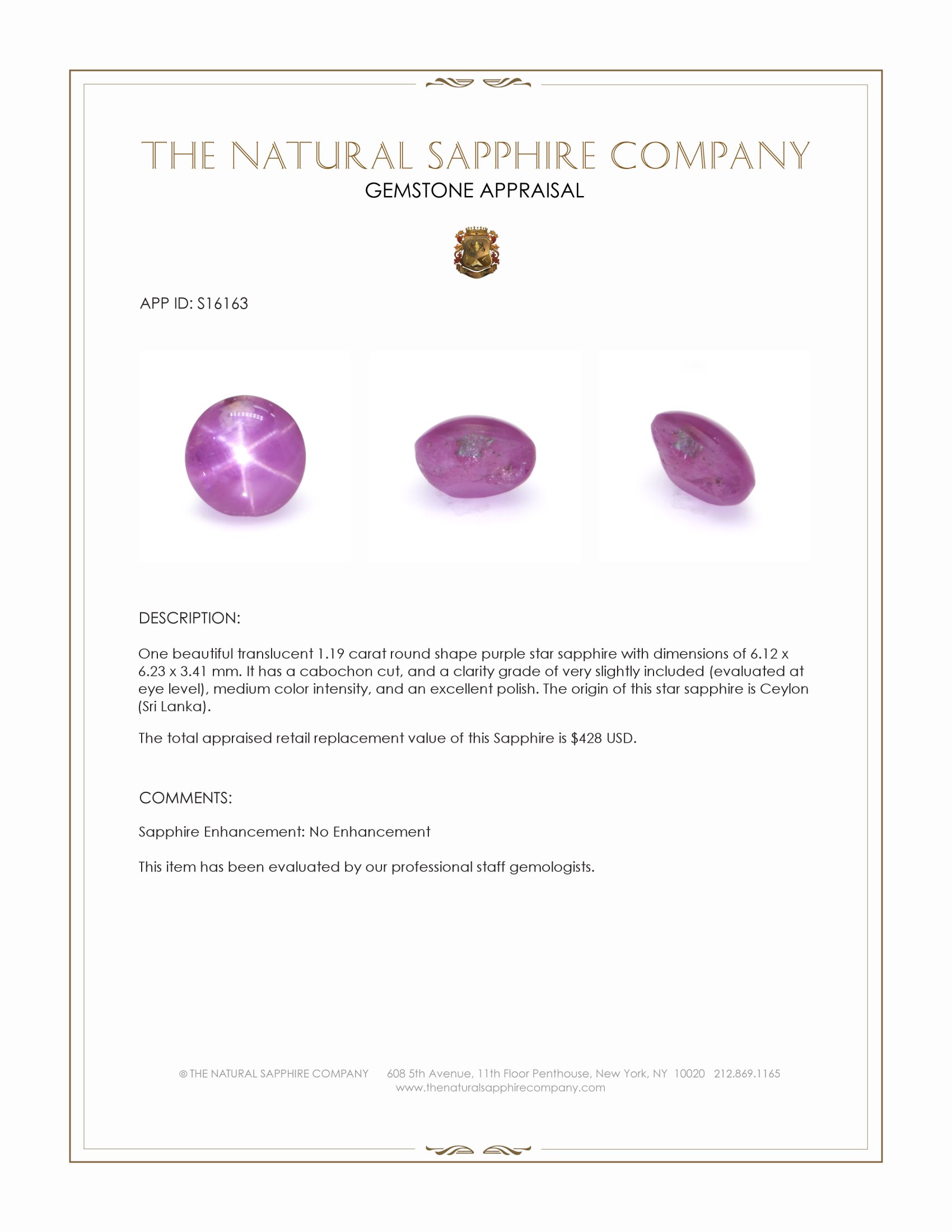 1.19 Ct. Purple Star Sapphire from Ceylon (Sri Lanka)