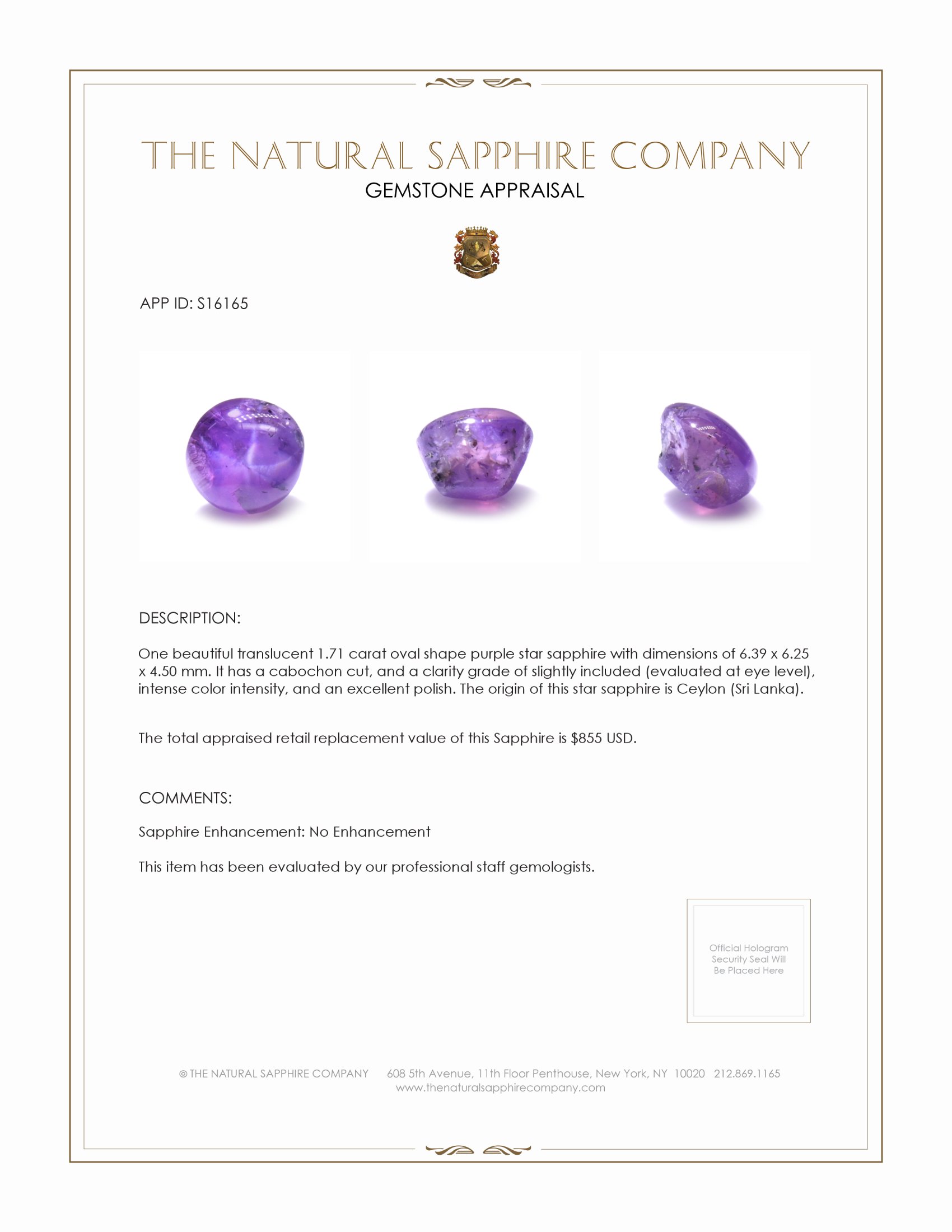 1.71 Ct. Purple Star Sapphire from Ceylon (Sri Lanka)