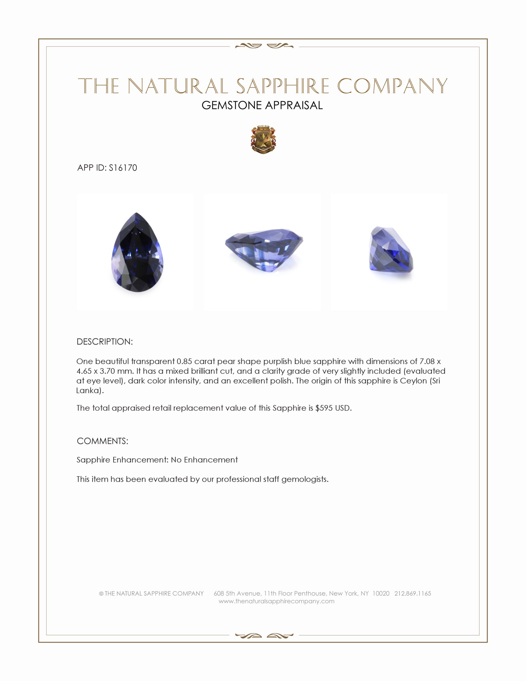 0.85 Ct. Purplish Blue Sapphire from Ceylon (Sri Lanka)