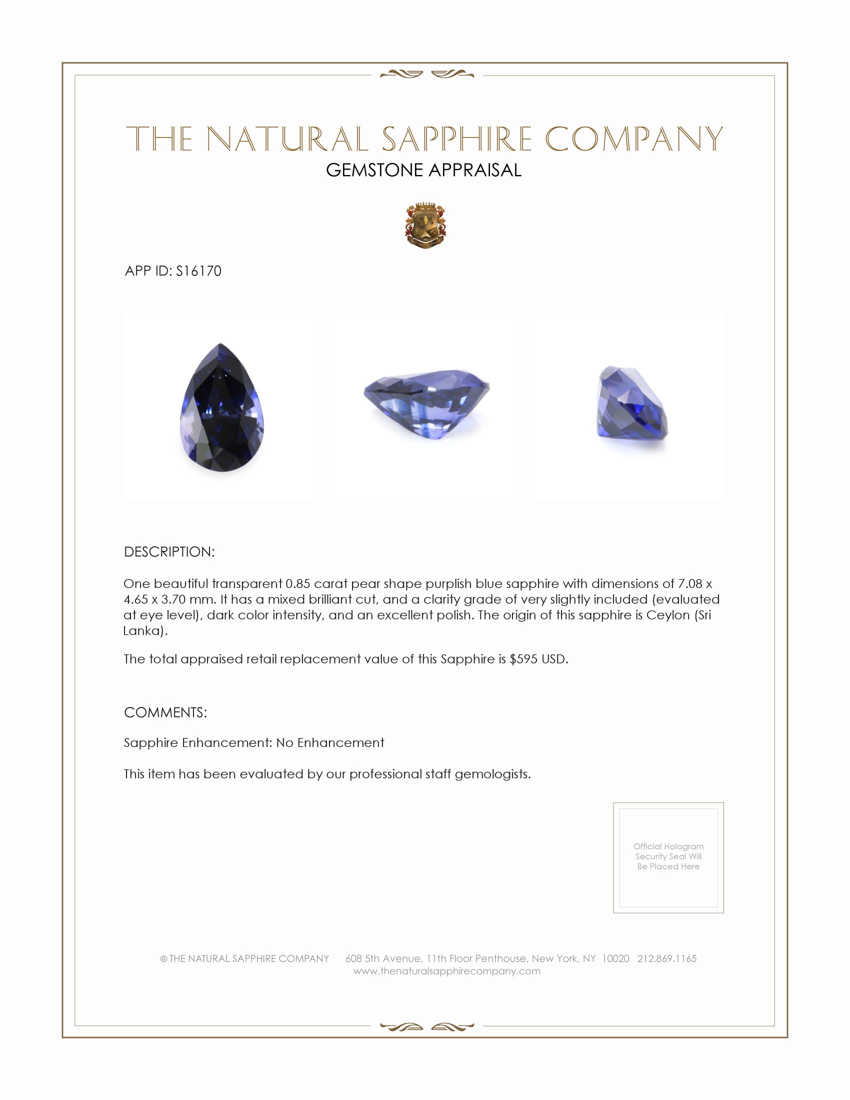 0.85 Ct. Purplish Blue Sapphire from Ceylon (Sri Lanka)