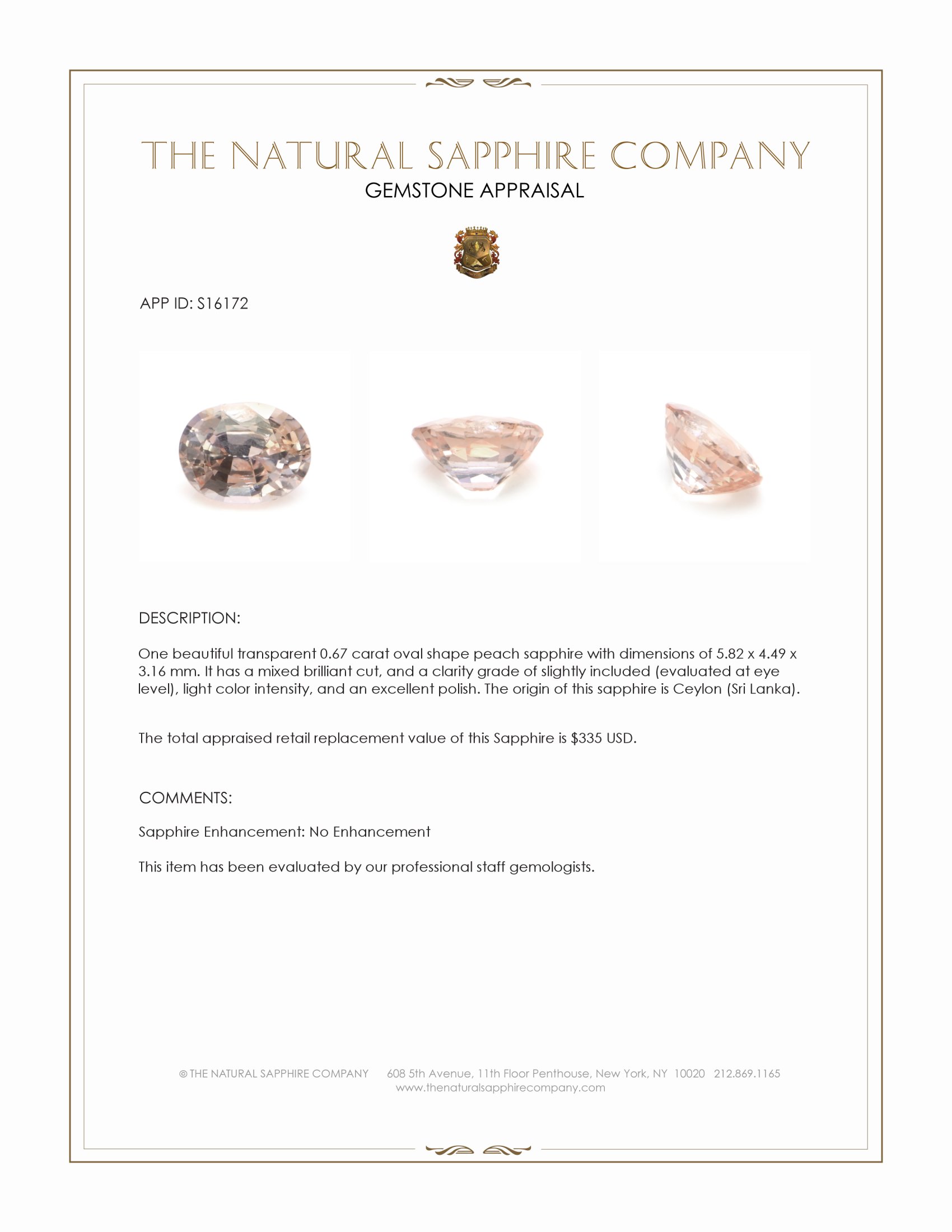0.67 Ct. Peach Sapphire from Ceylon (Sri Lanka)