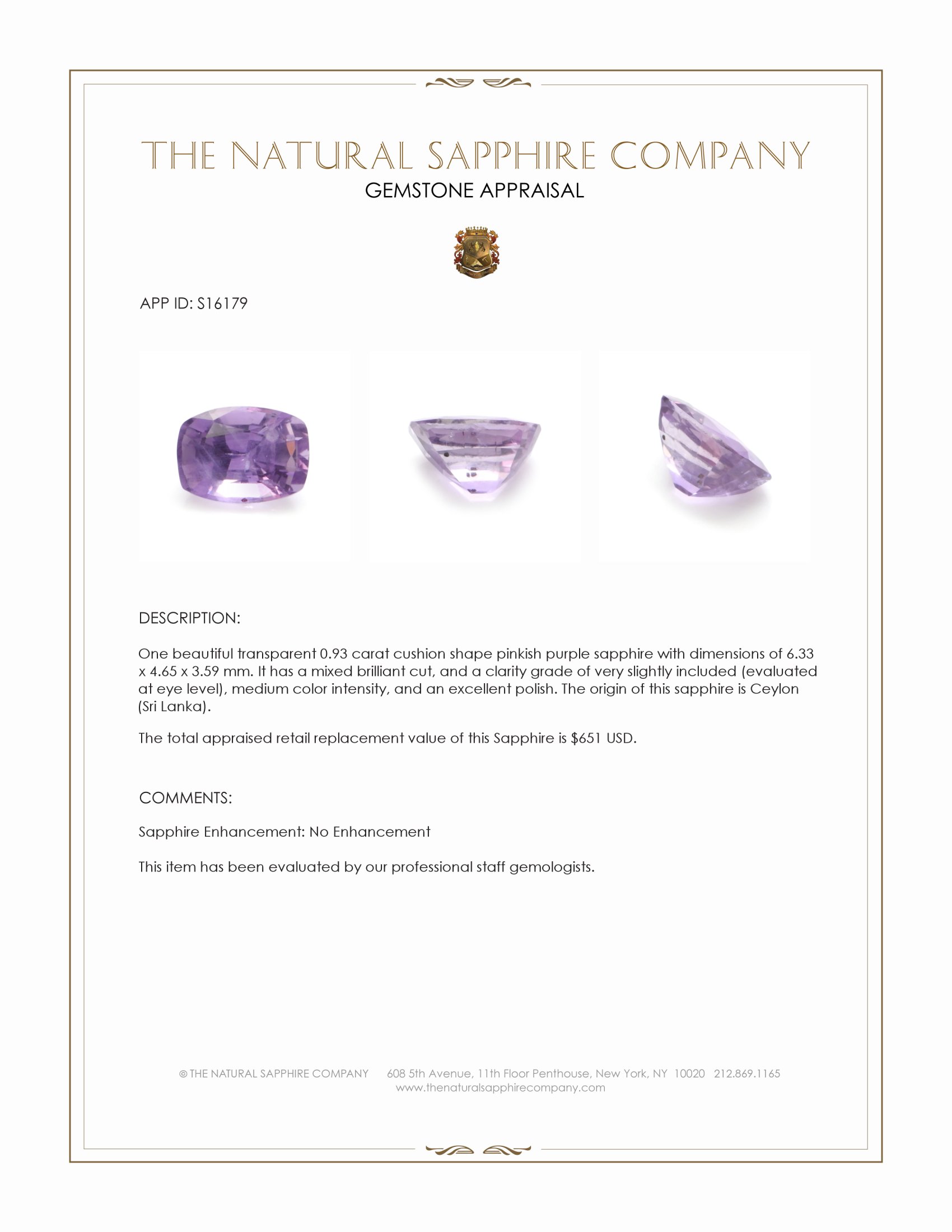 0.93 Ct. Pinkish Purple Sapphire from Ceylon (Sri Lanka)