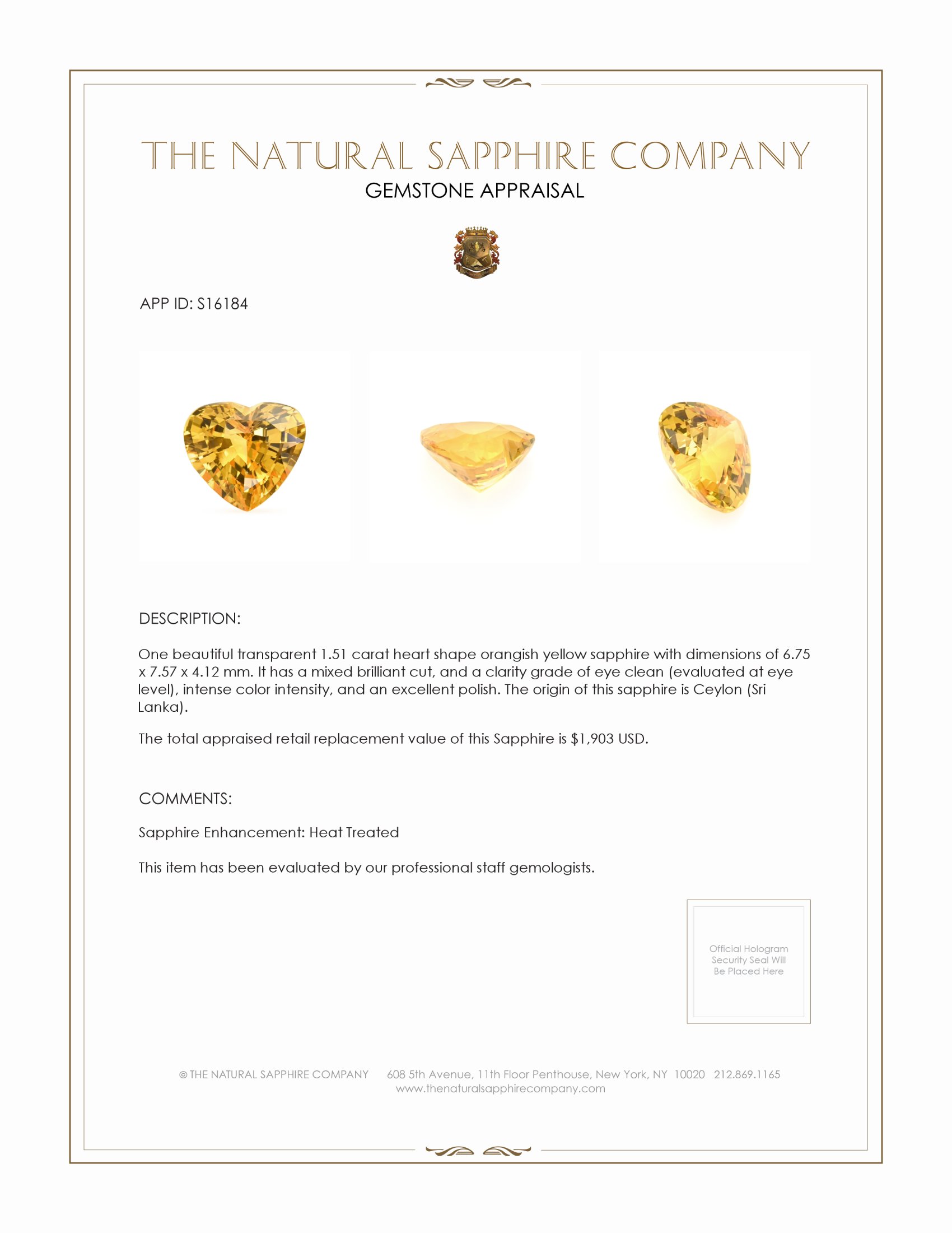 1.51 Ct. Orangish Yellow Sapphire from Ceylon (Sri Lanka)