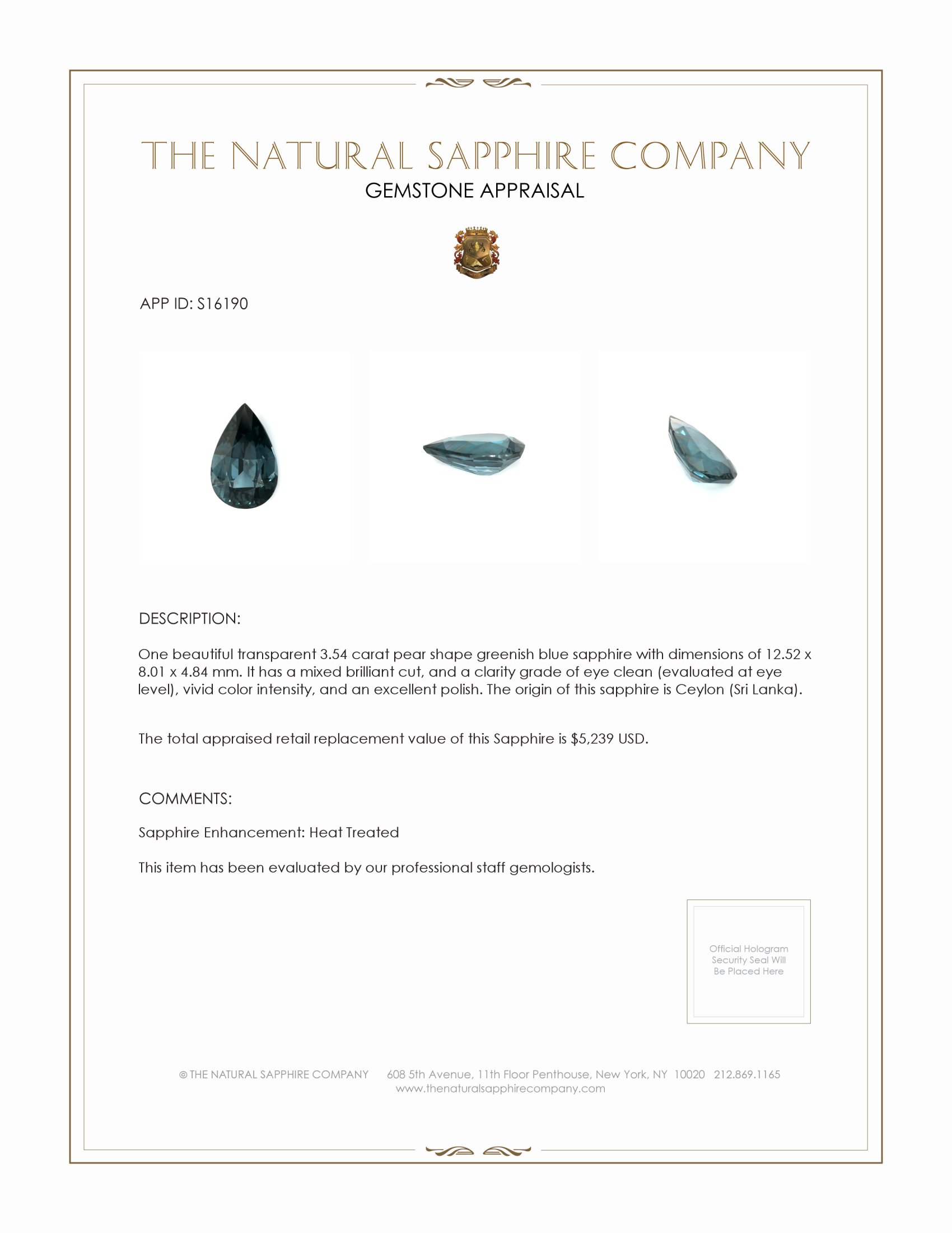 3.54 Ct. Greenish Blue Sapphire from Ceylon (Sri Lanka)