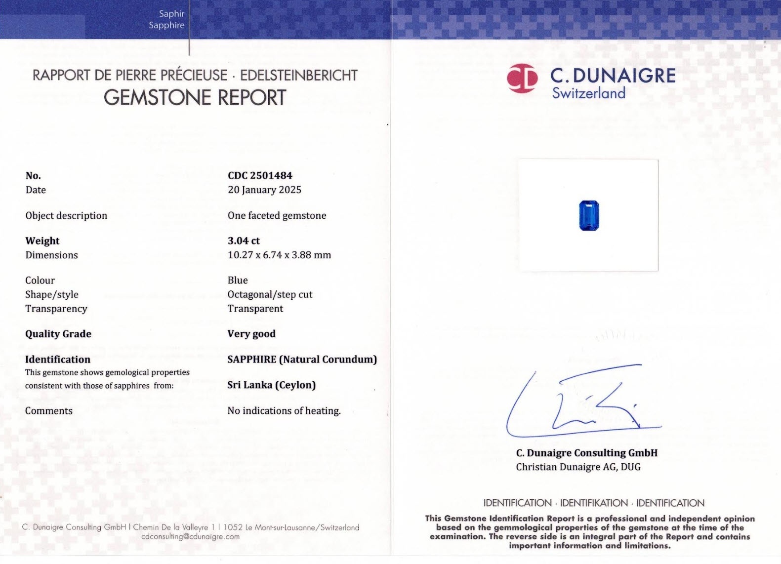 3.04 Ct. Blue Sapphire from Ceylon (Sri Lanka)