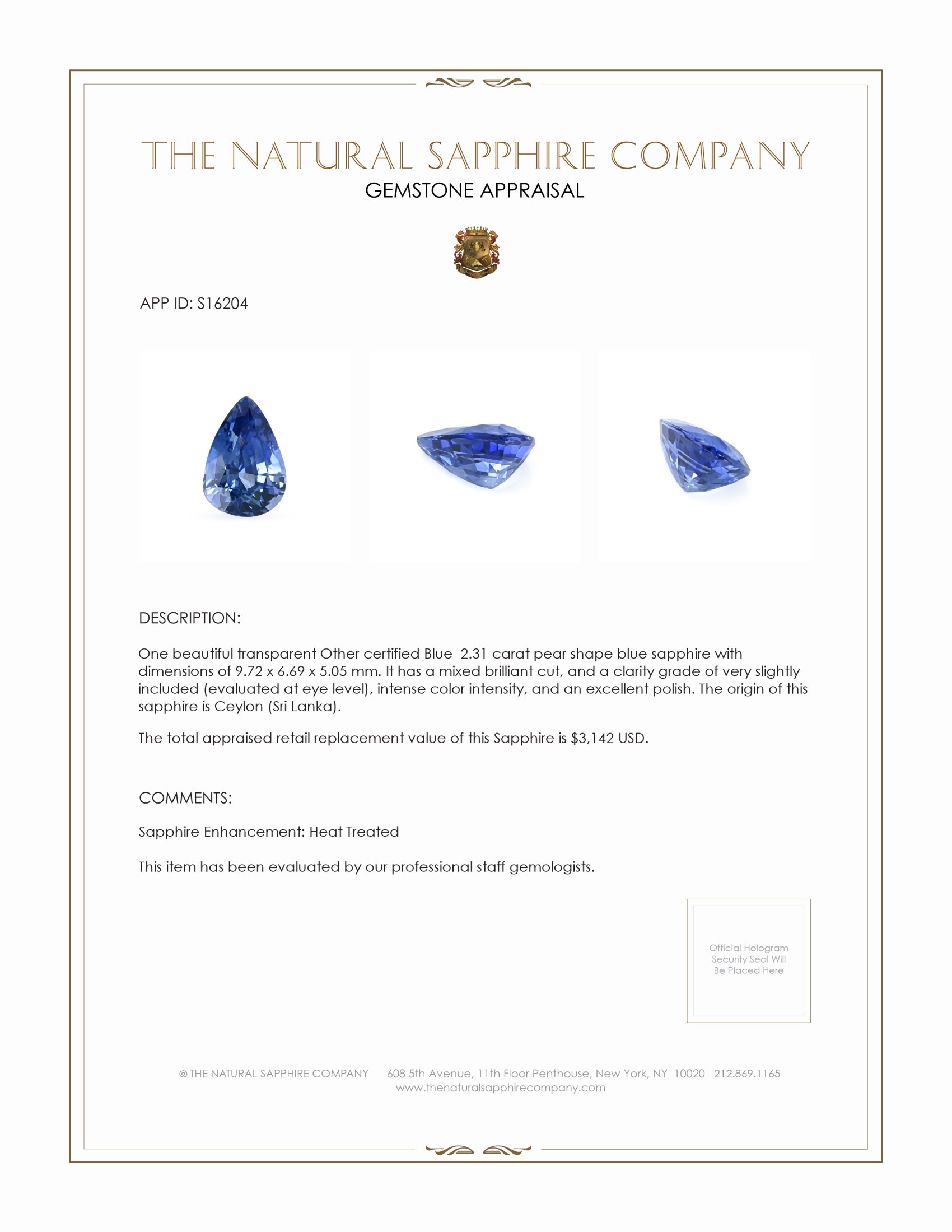 2.31 Ct. Blue Sapphire from Ceylon (Sri Lanka)