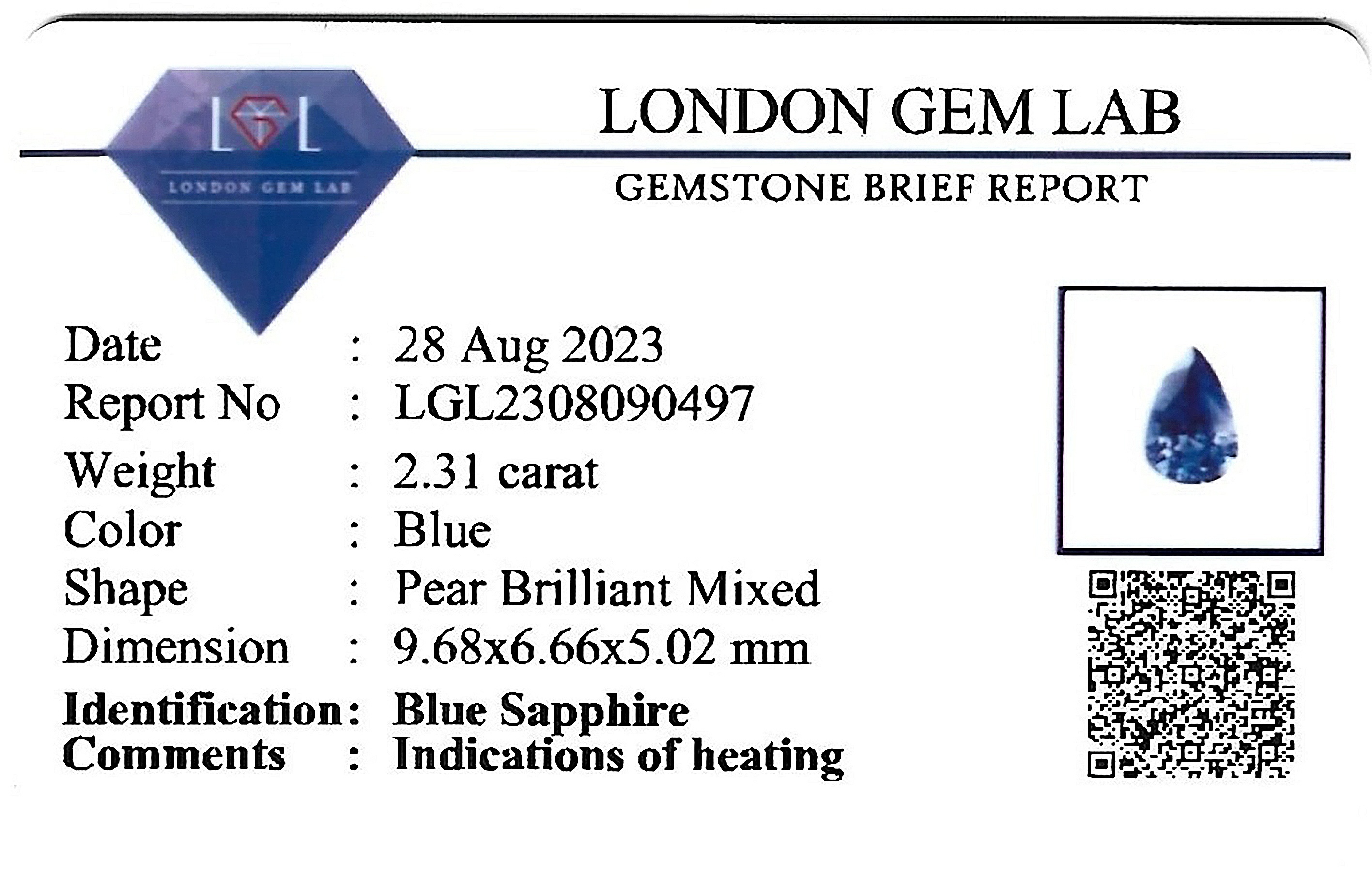 2.31 Ct. Blue Sapphire from Ceylon (Sri Lanka)