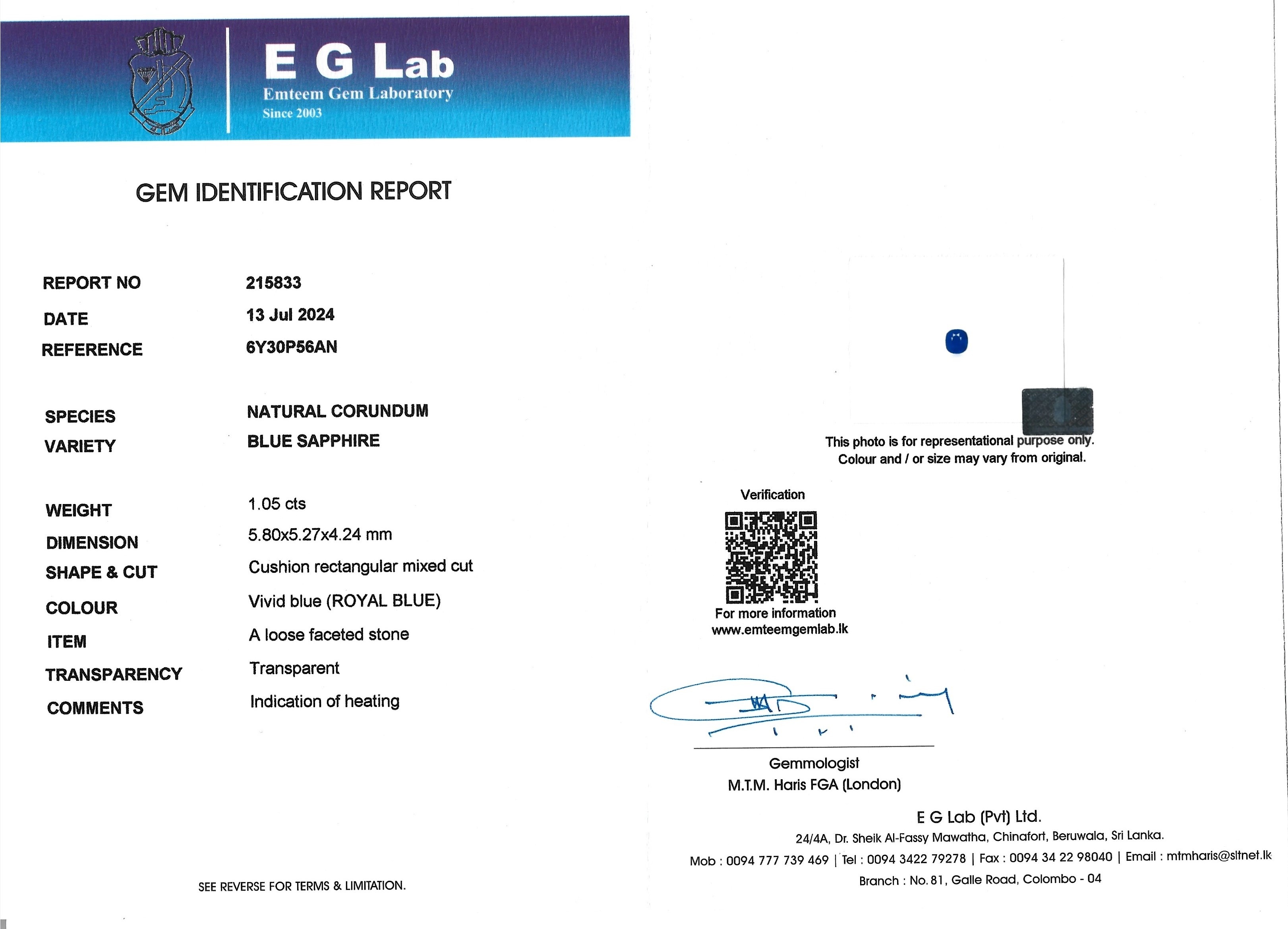 1.05 Ct. Blue Sapphire from Ceylon (Sri Lanka)