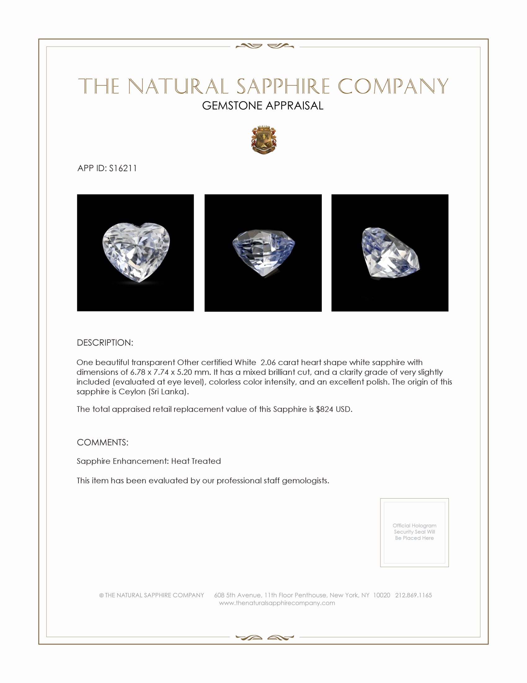 2.06 Ct. White Sapphire from Ceylon (Sri Lanka)