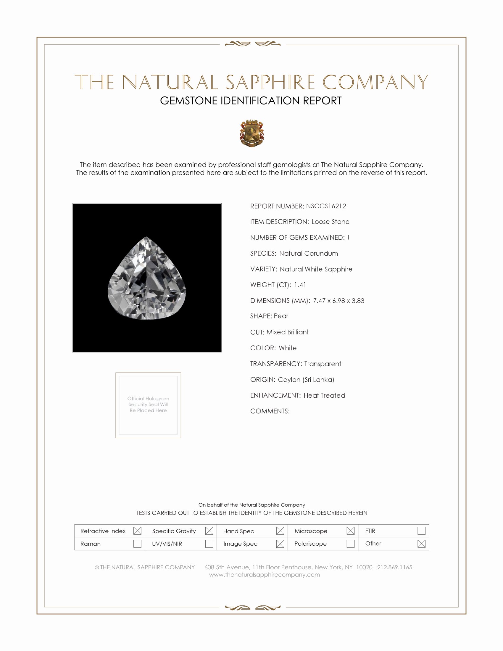 1.41 Ct. White Sapphire from Ceylon (Sri Lanka)