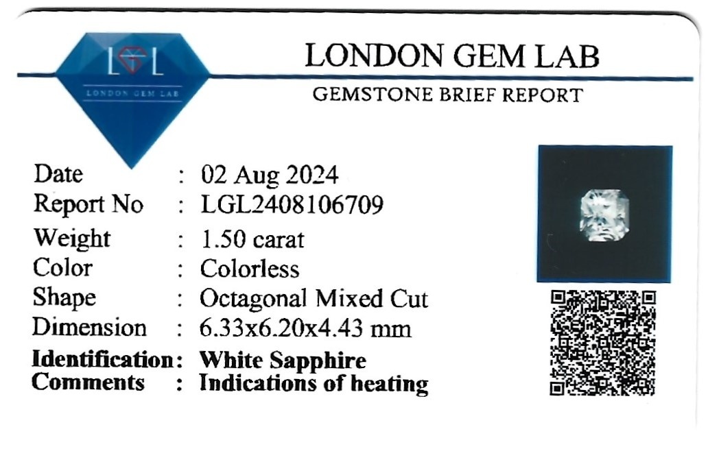 1.50 Ct. White Sapphire from Ceylon (Sri Lanka)