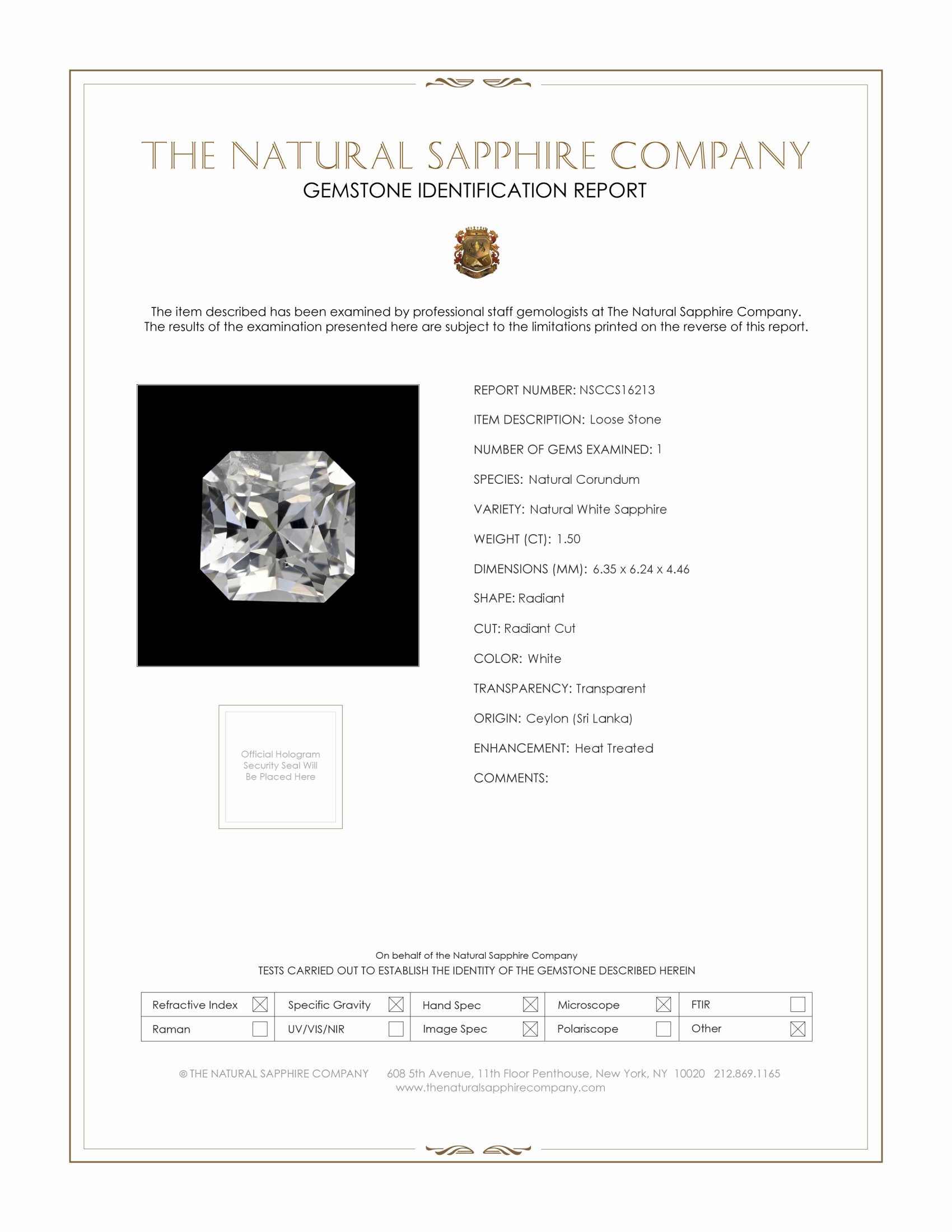 1.50 Ct. White Sapphire from Ceylon (Sri Lanka)