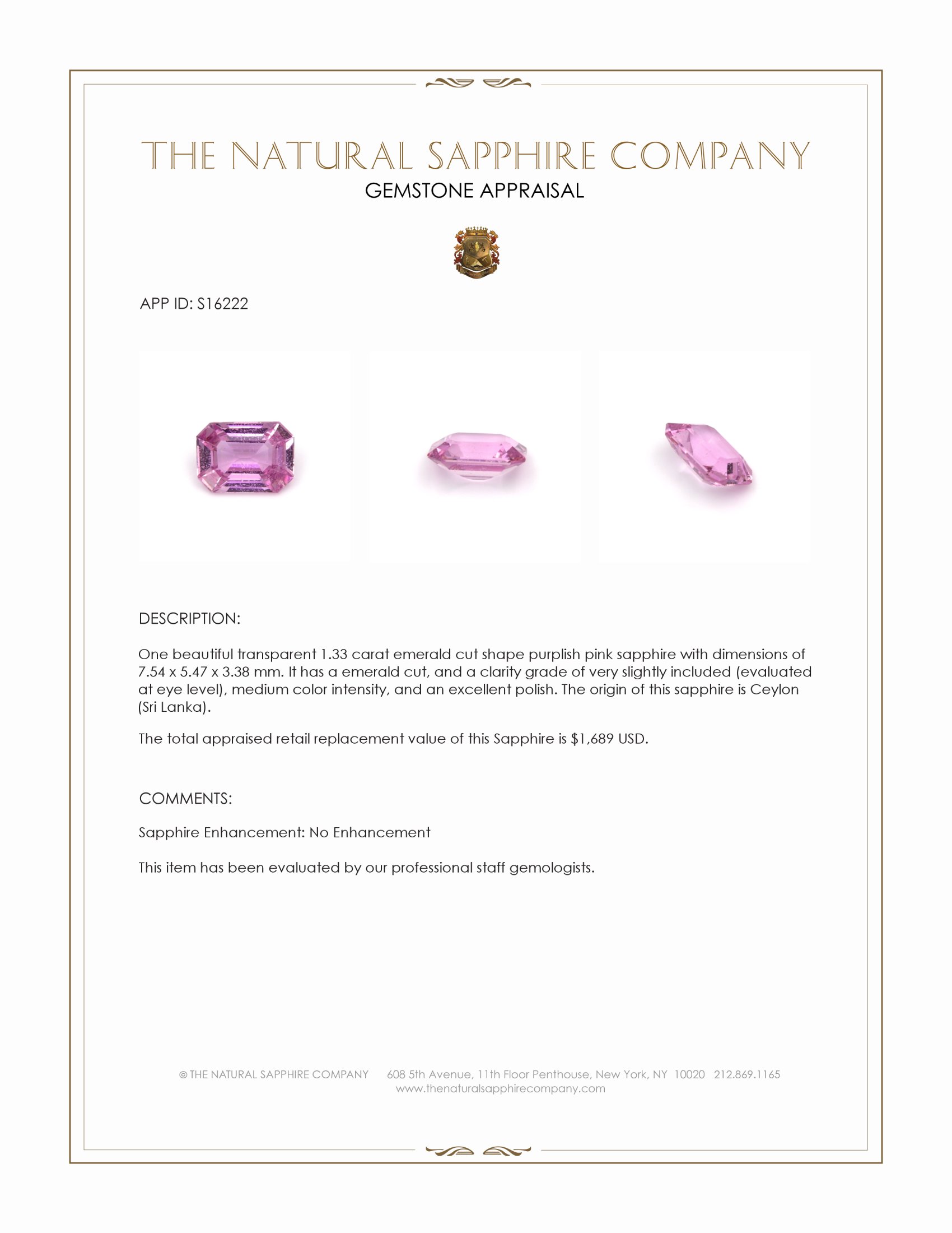 1.33 Ct. Purplish Pink Sapphire from Ceylon (Sri Lanka)