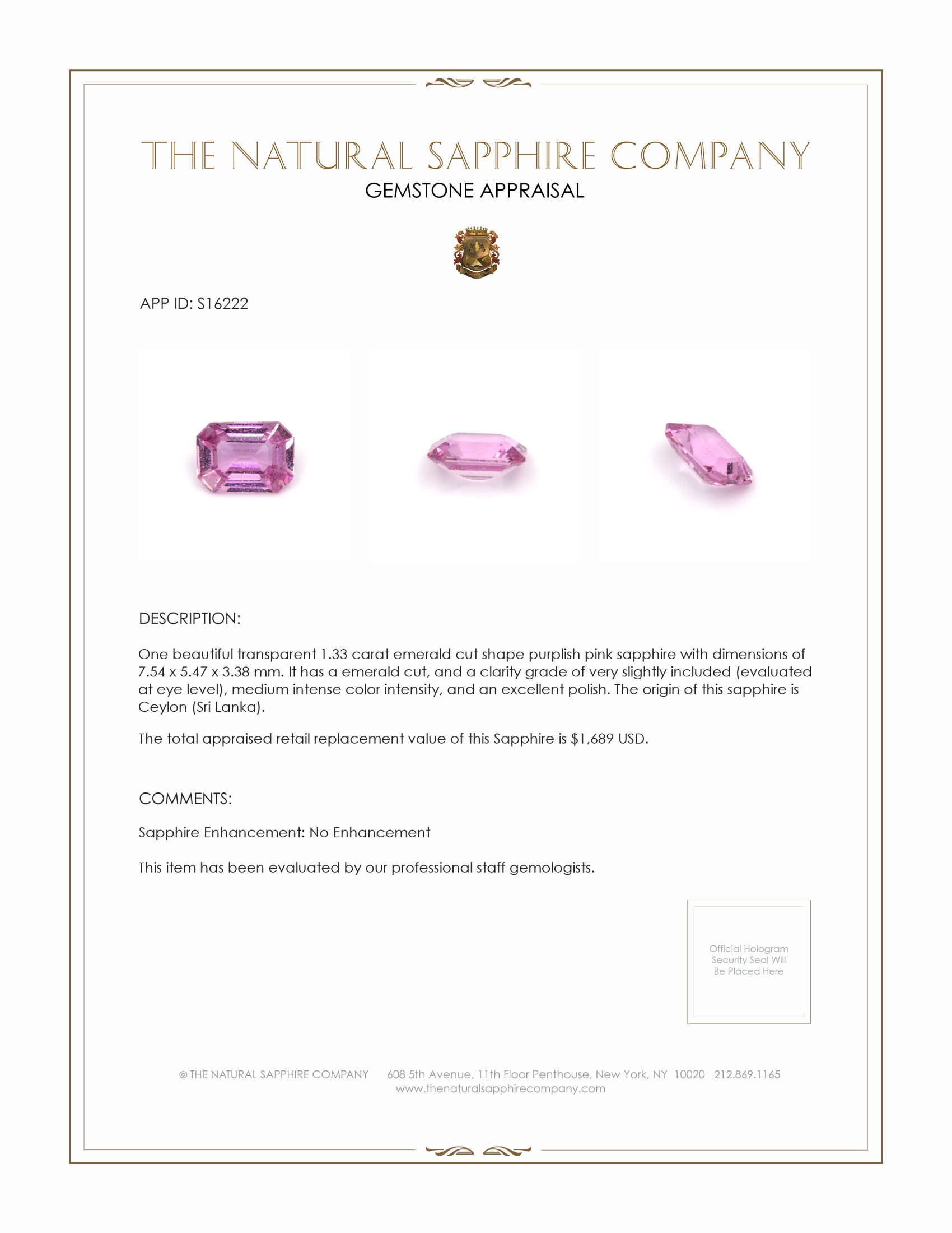 1.33 Ct. Purplish Pink Sapphire from Ceylon (Sri Lanka)