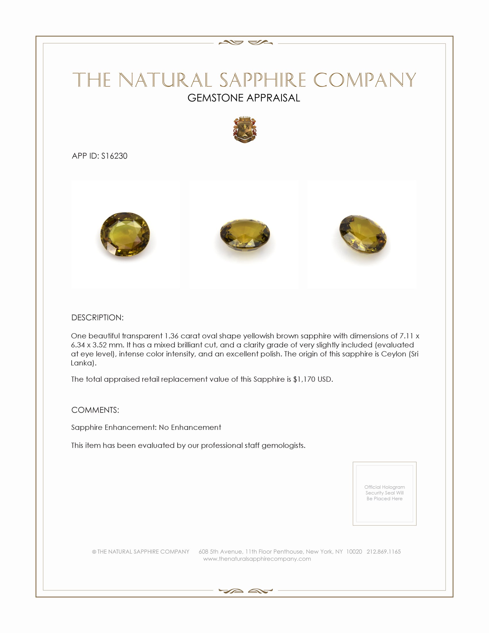 1.36 Ct. Yellowish Brown Sapphire from Ceylon (Sri Lanka)