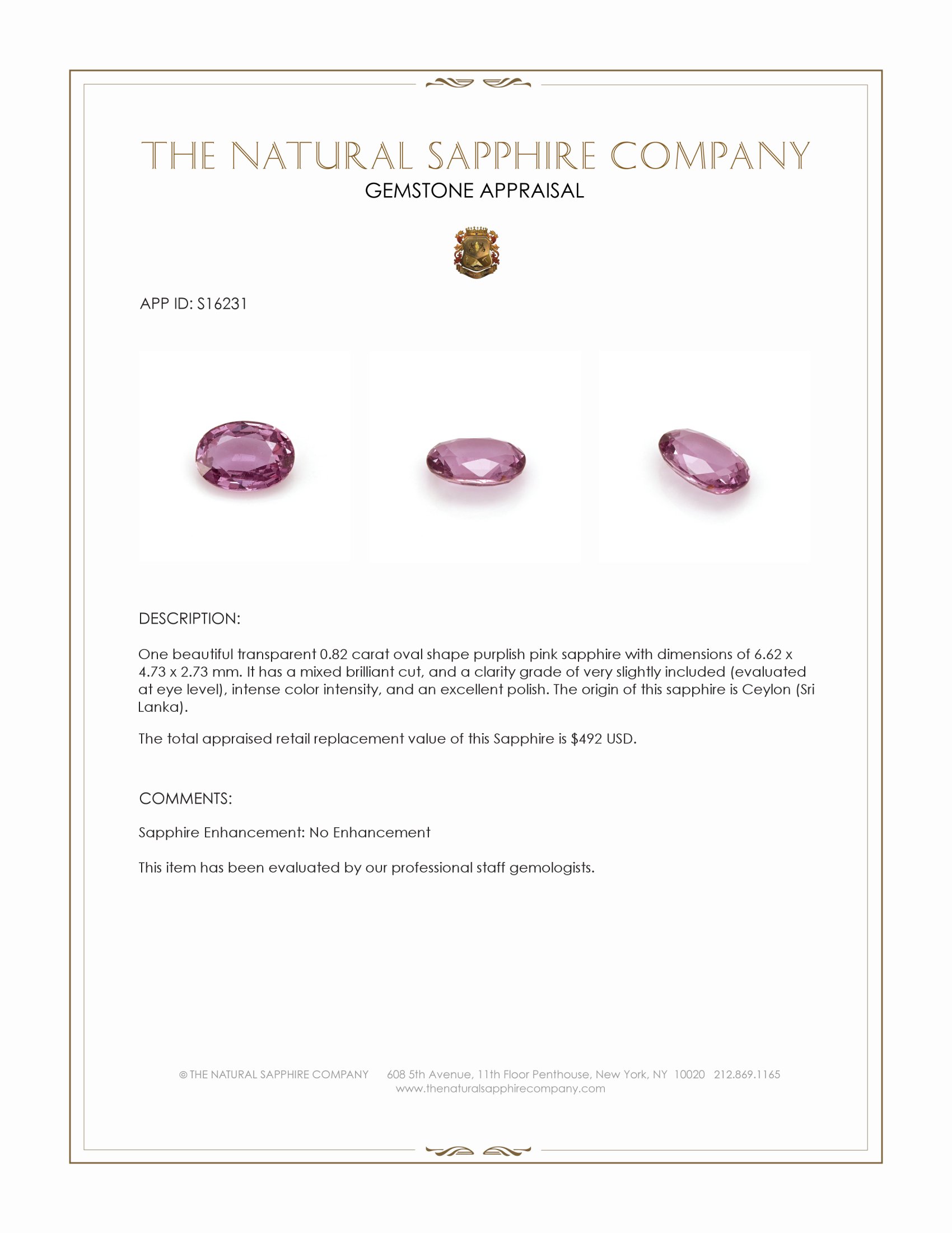 0.82 Ct. Purplish Pink Sapphire from Ceylon (Sri Lanka)