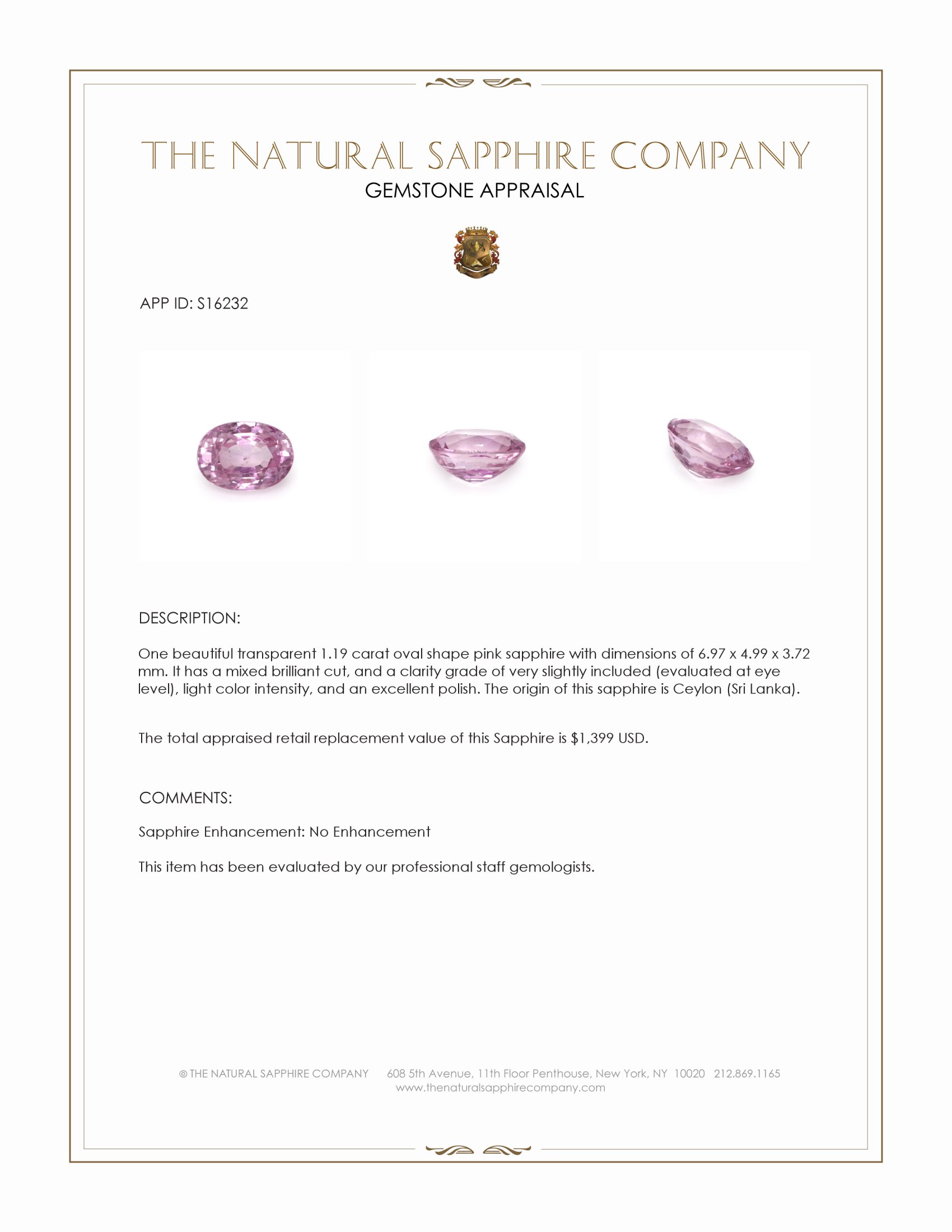1.19 Ct. Pink Sapphire from Ceylon (Sri Lanka)