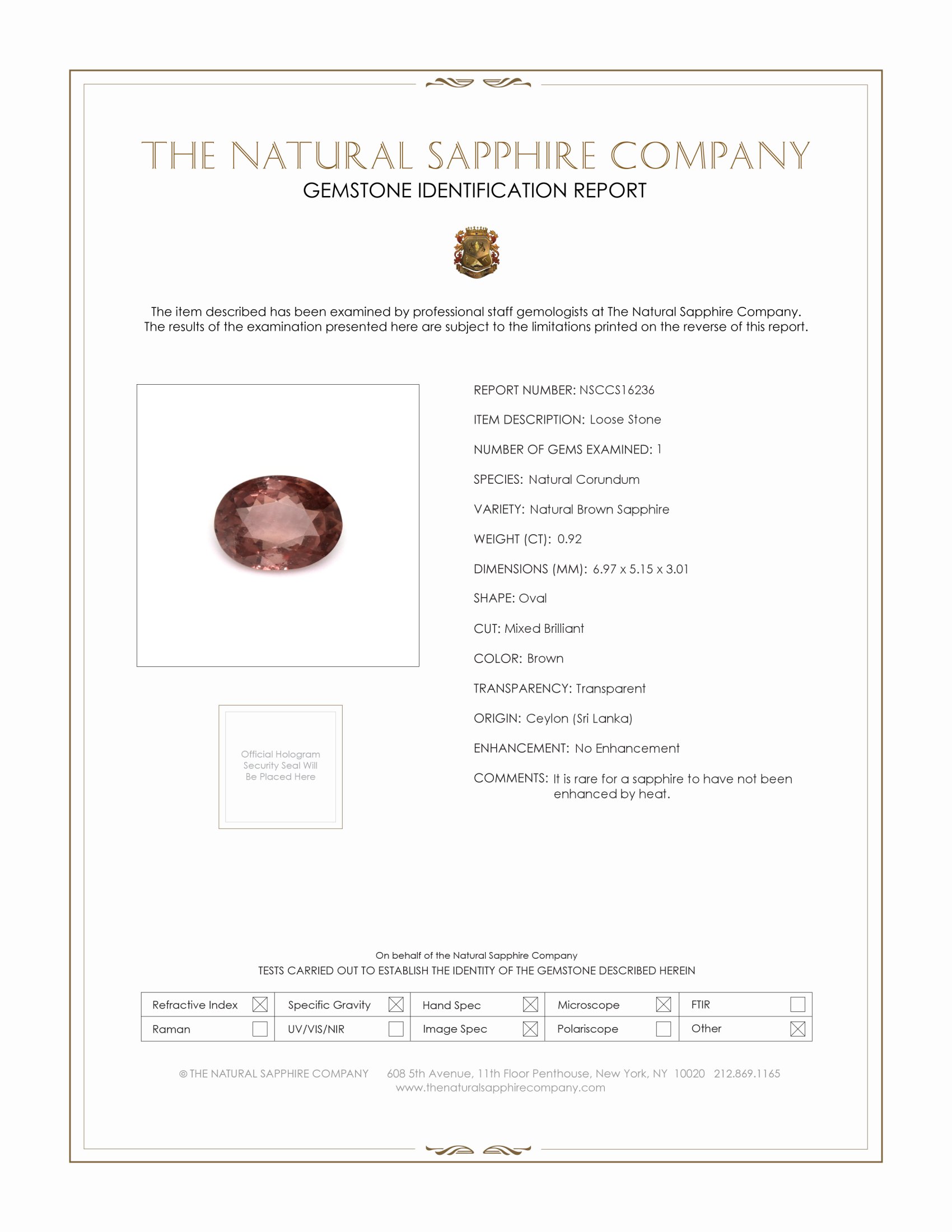 0.92 Ct. Brown Sapphire from Ceylon (Sri Lanka)