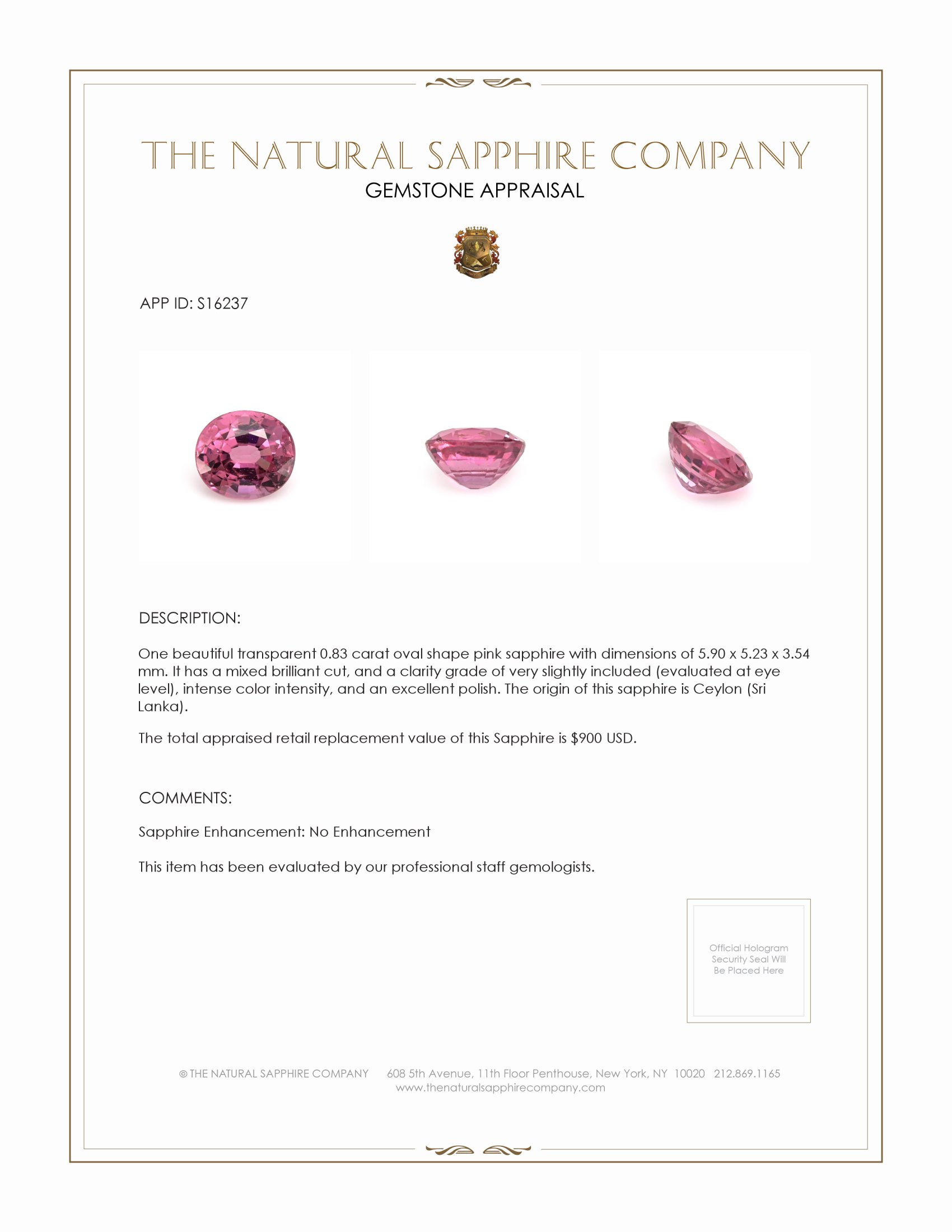 0.83 Ct. Pink Sapphire from Ceylon (Sri Lanka)