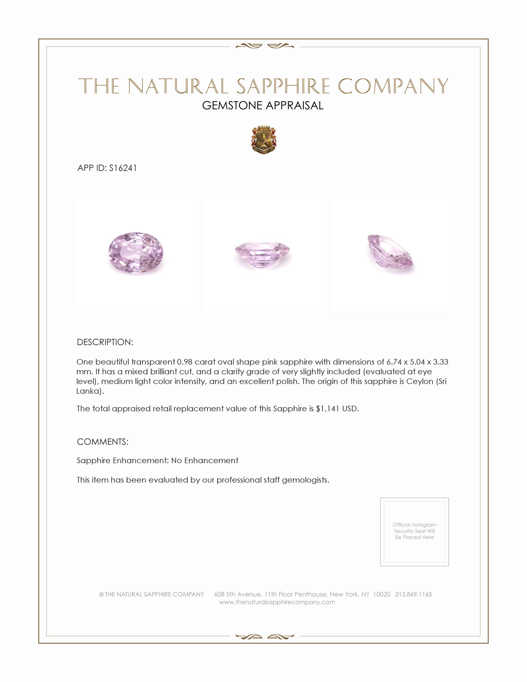 0.98 Ct. Pink Sapphire from Ceylon (Sri Lanka)
