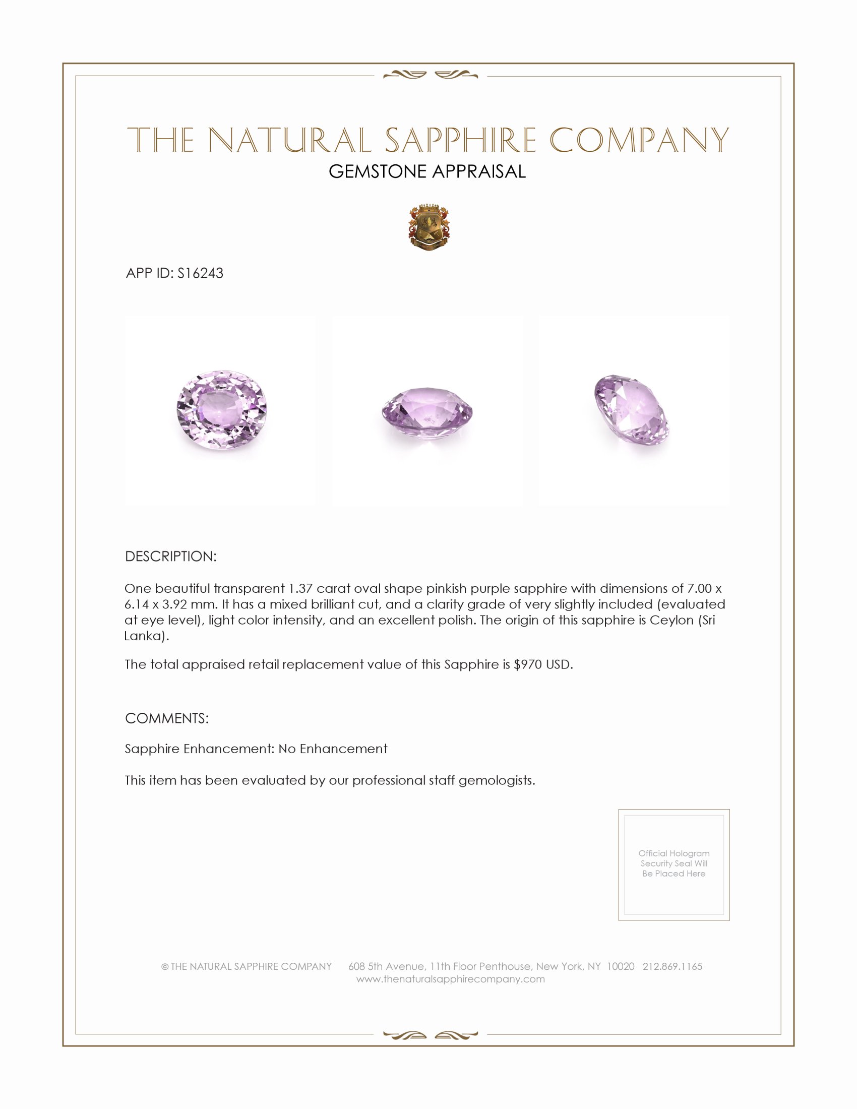 1.37 Ct. Pinkish Purple Sapphire from Ceylon (Sri Lanka)