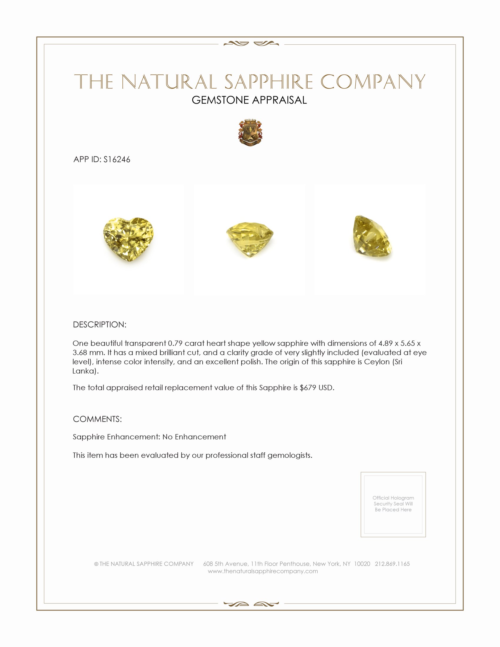 0.79 Ct. Yellow Sapphire from Ceylon (Sri Lanka)