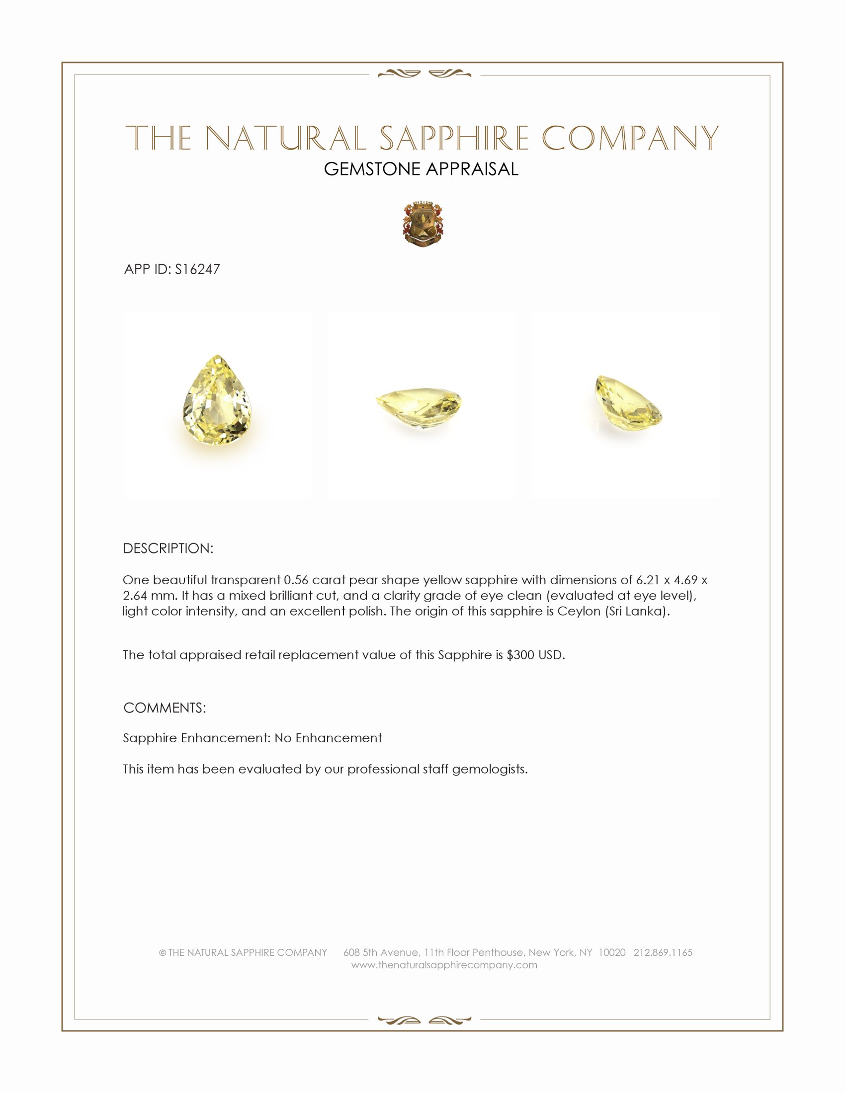 0.56 Ct. Yellow Sapphire from Ceylon (Sri Lanka)