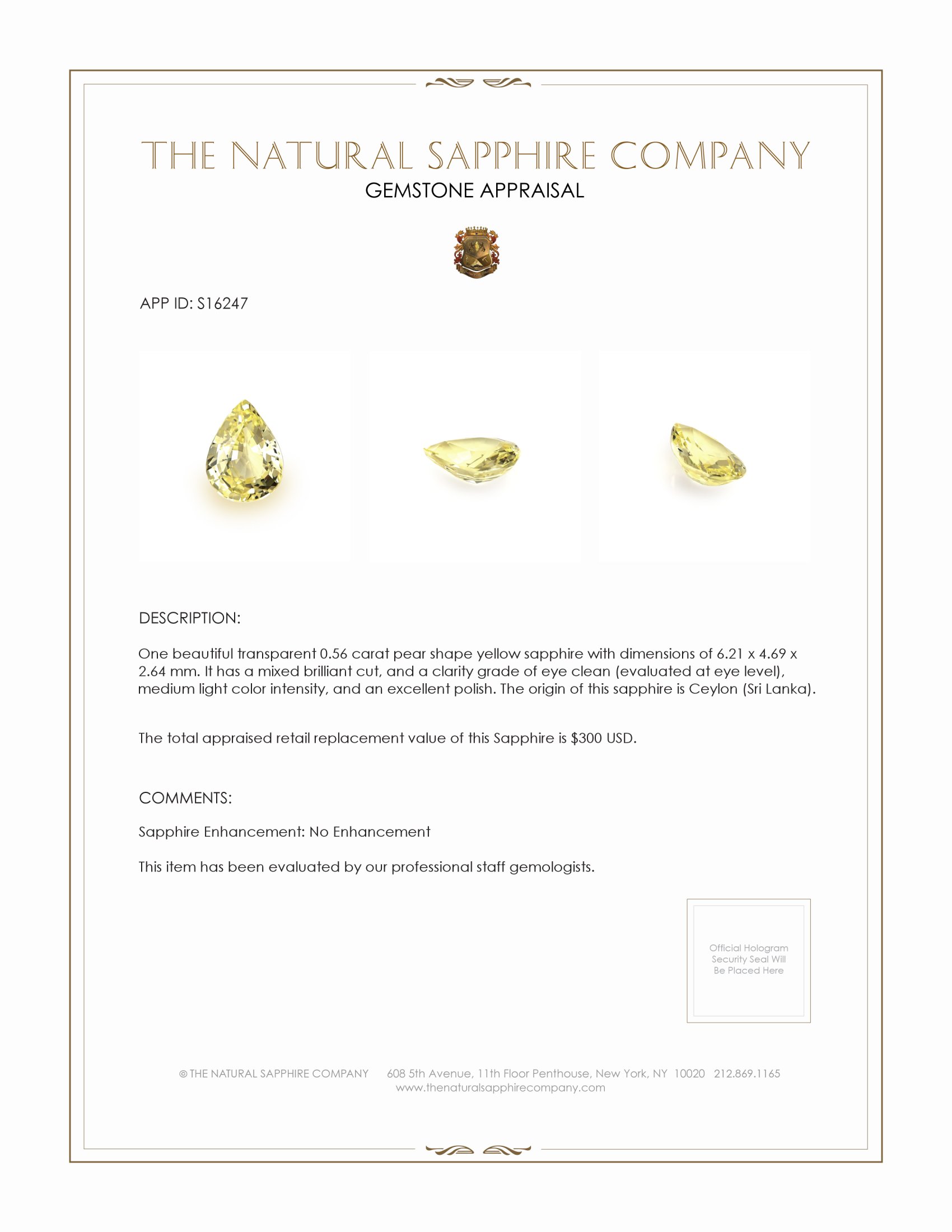 0.56 Ct. Yellow Sapphire from Ceylon (Sri Lanka)