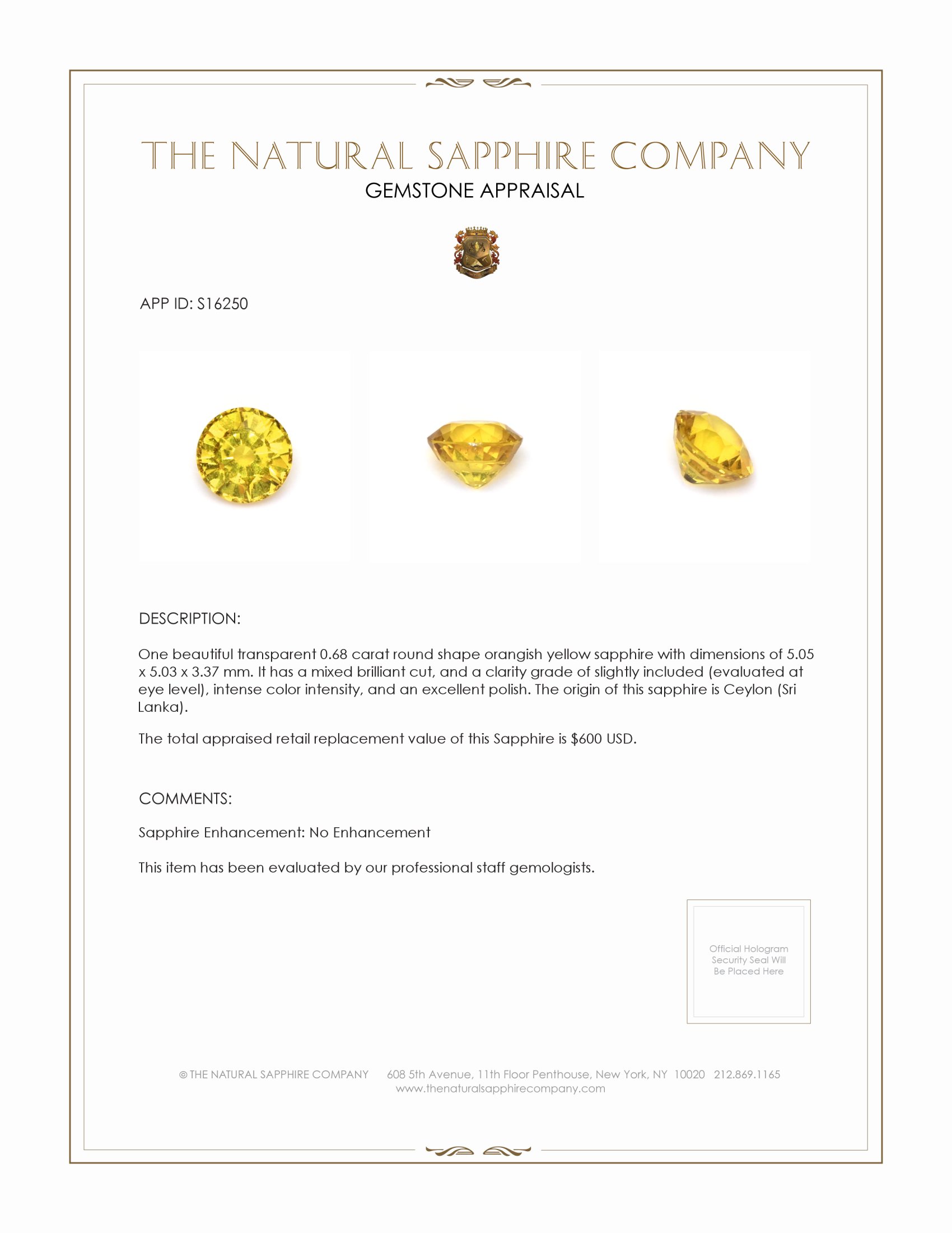 0.68 Ct. Orangish Yellow Sapphire from Ceylon (Sri Lanka)