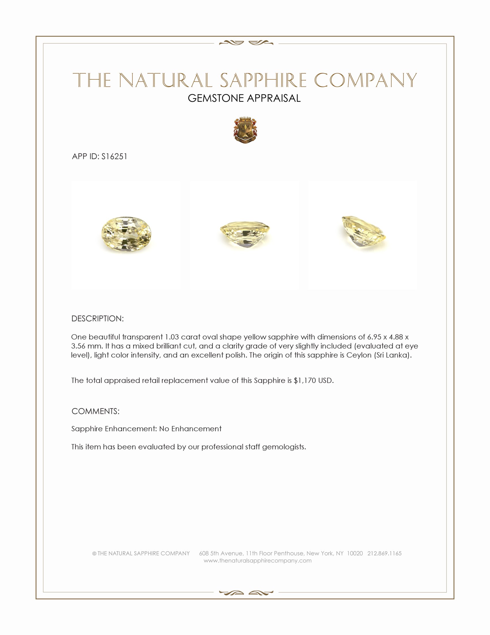 1.03 Ct. Yellow Sapphire from Ceylon (Sri Lanka)