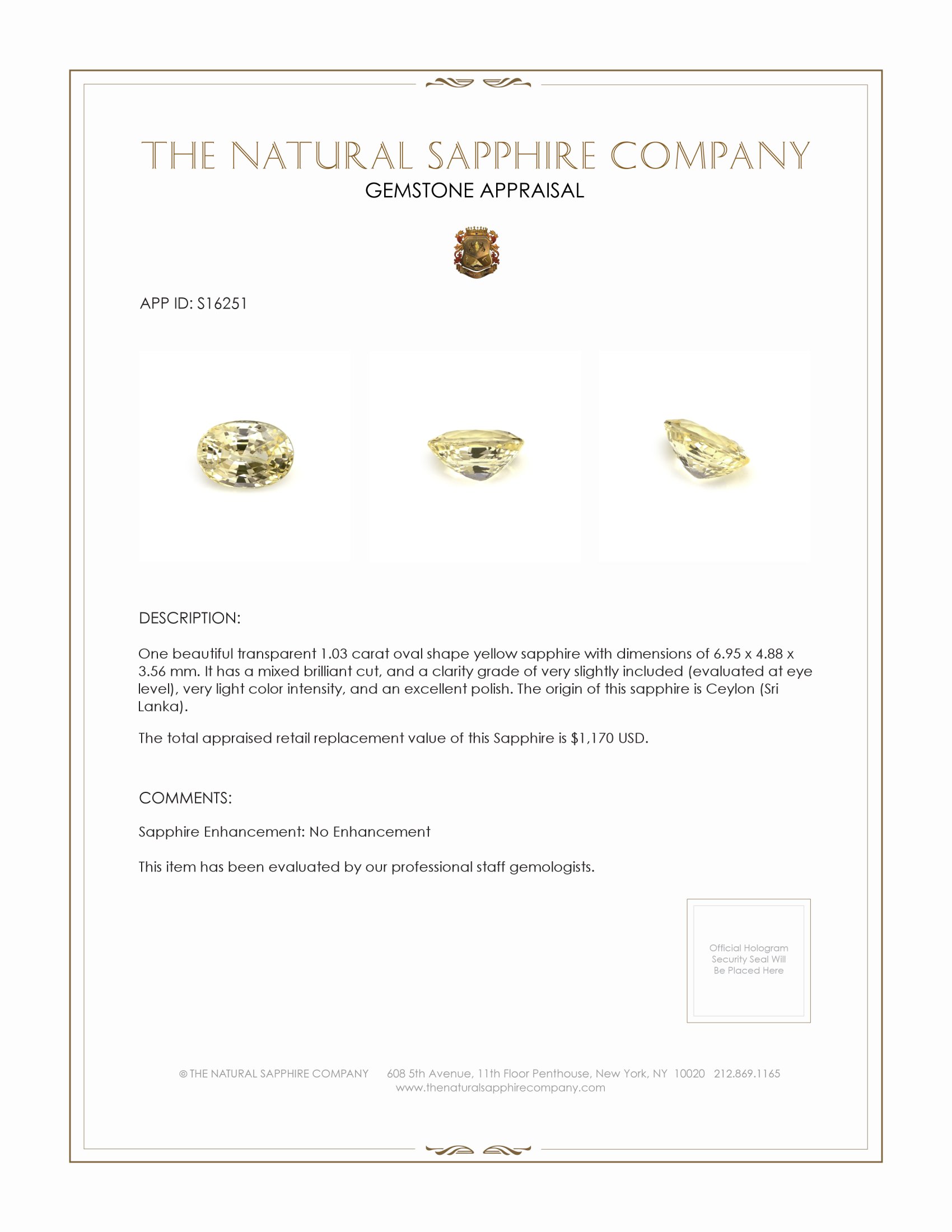 1.03 Ct. Yellow Sapphire from Ceylon (Sri Lanka)