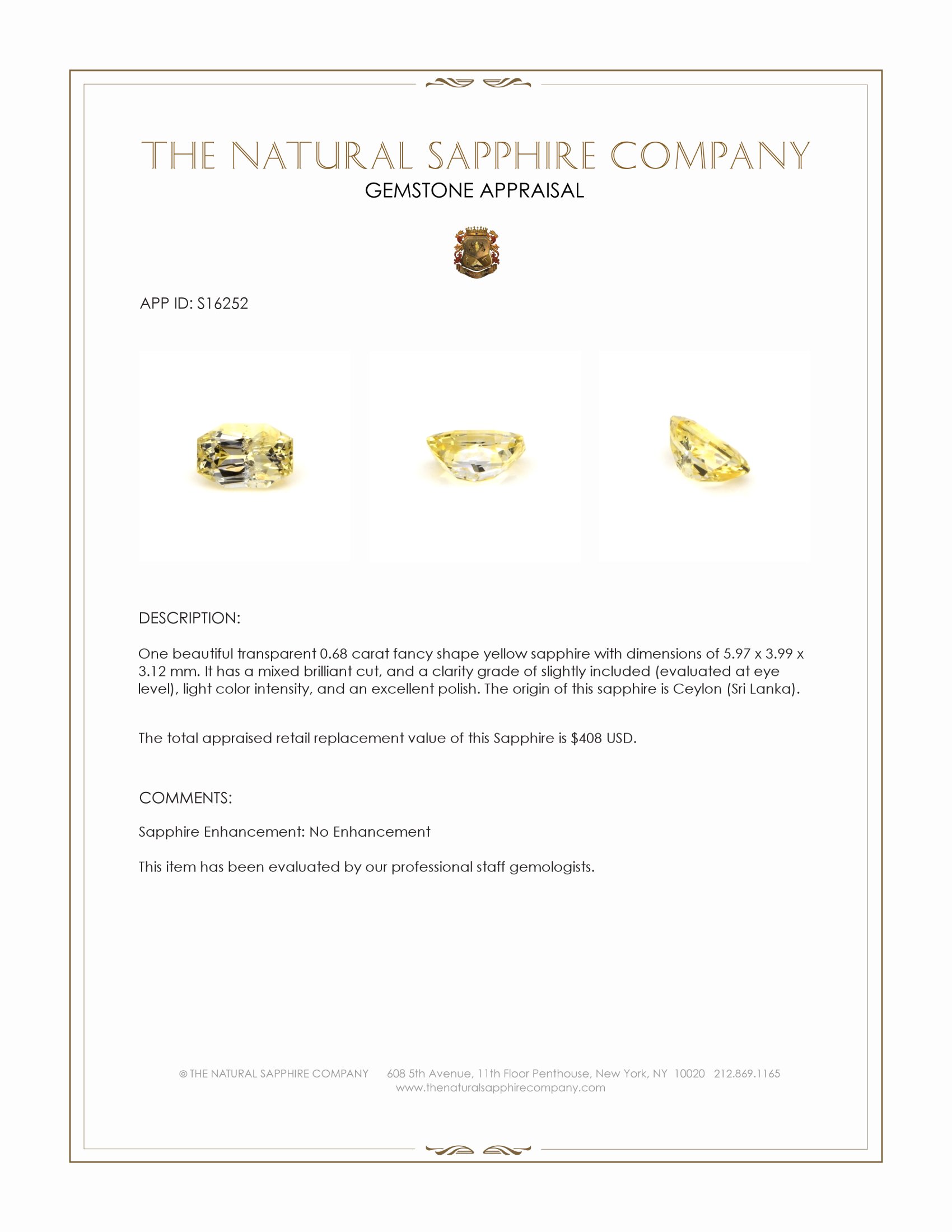 0.68 Ct. Yellow Sapphire from Ceylon (Sri Lanka)