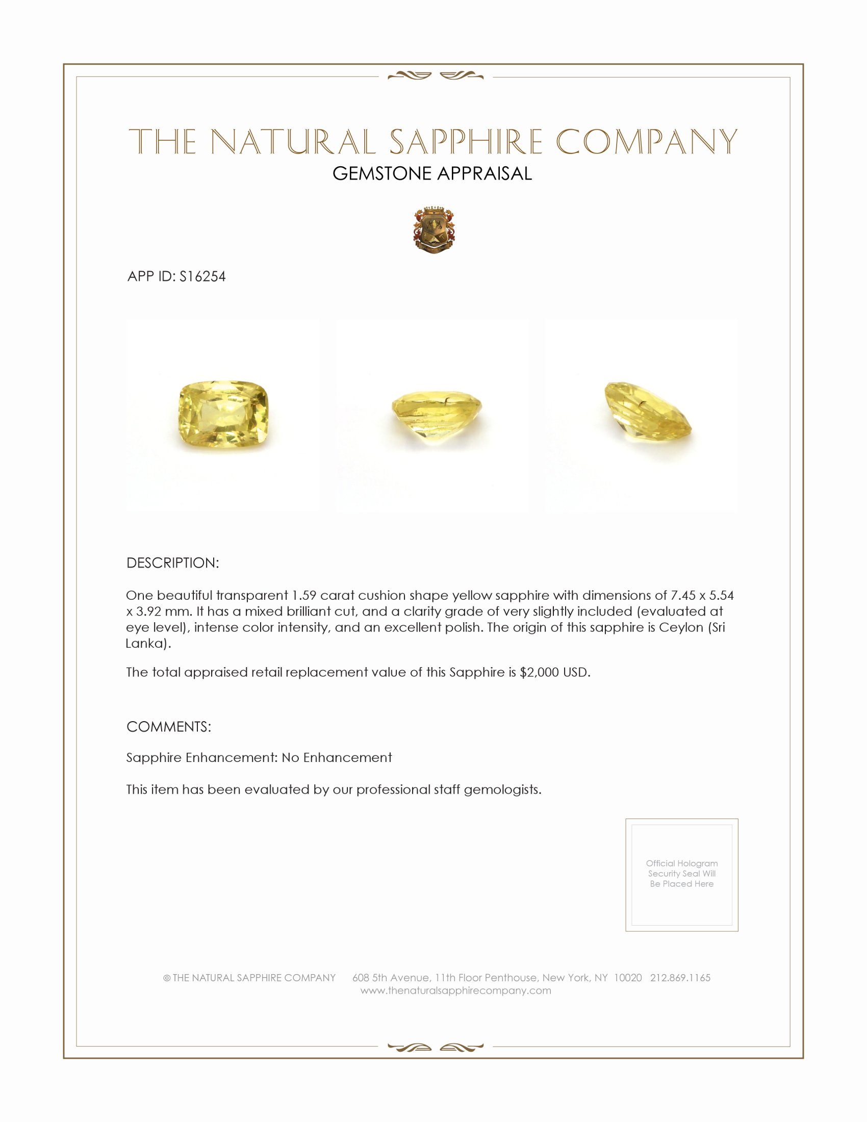 1.59 Ct. Yellow Sapphire from Ceylon (Sri Lanka)