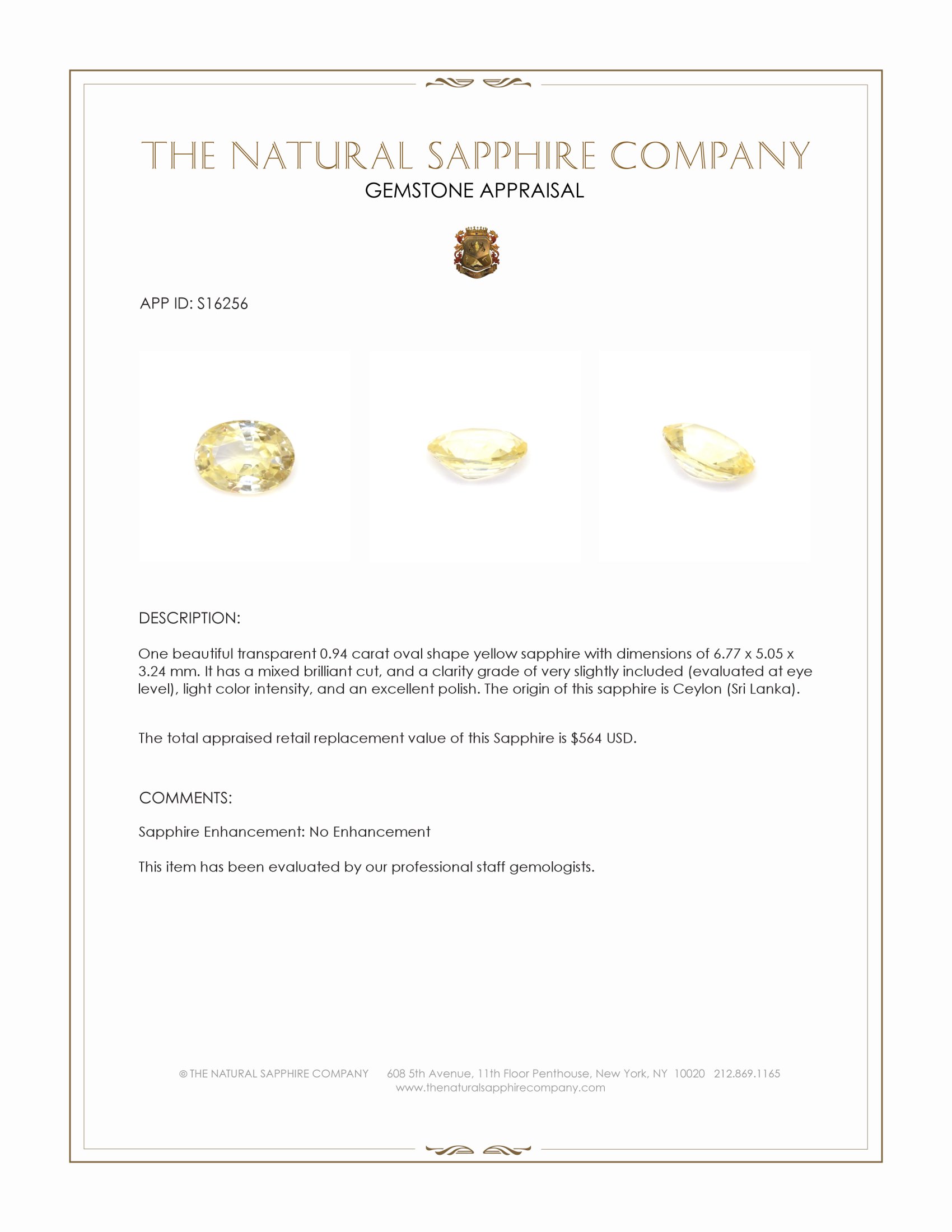 0.94 Ct. Yellow Sapphire from Ceylon (Sri Lanka)