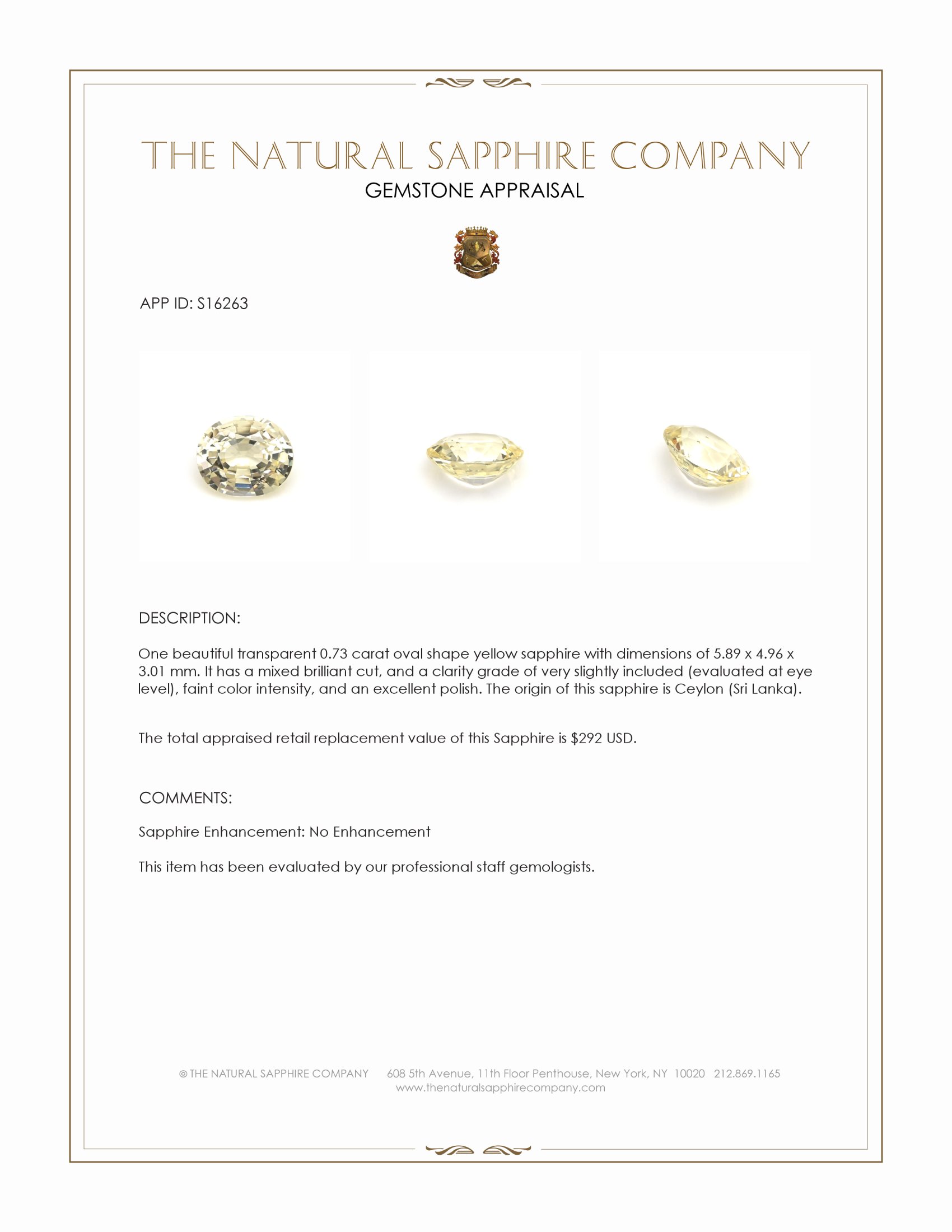 0.73 Ct. Yellow Sapphire from Ceylon (Sri Lanka)