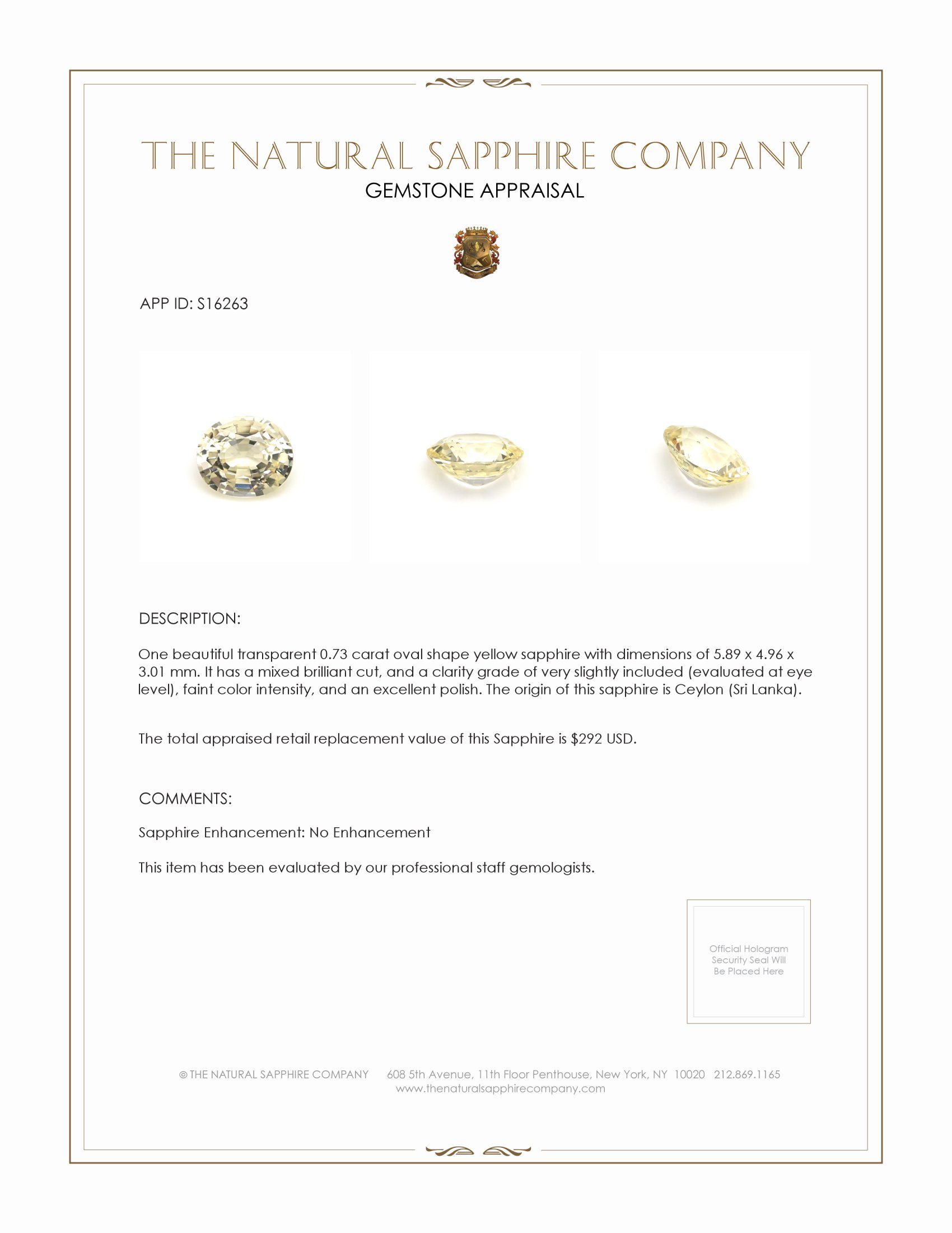 0.73 Ct. Yellow Sapphire from Ceylon (Sri Lanka)