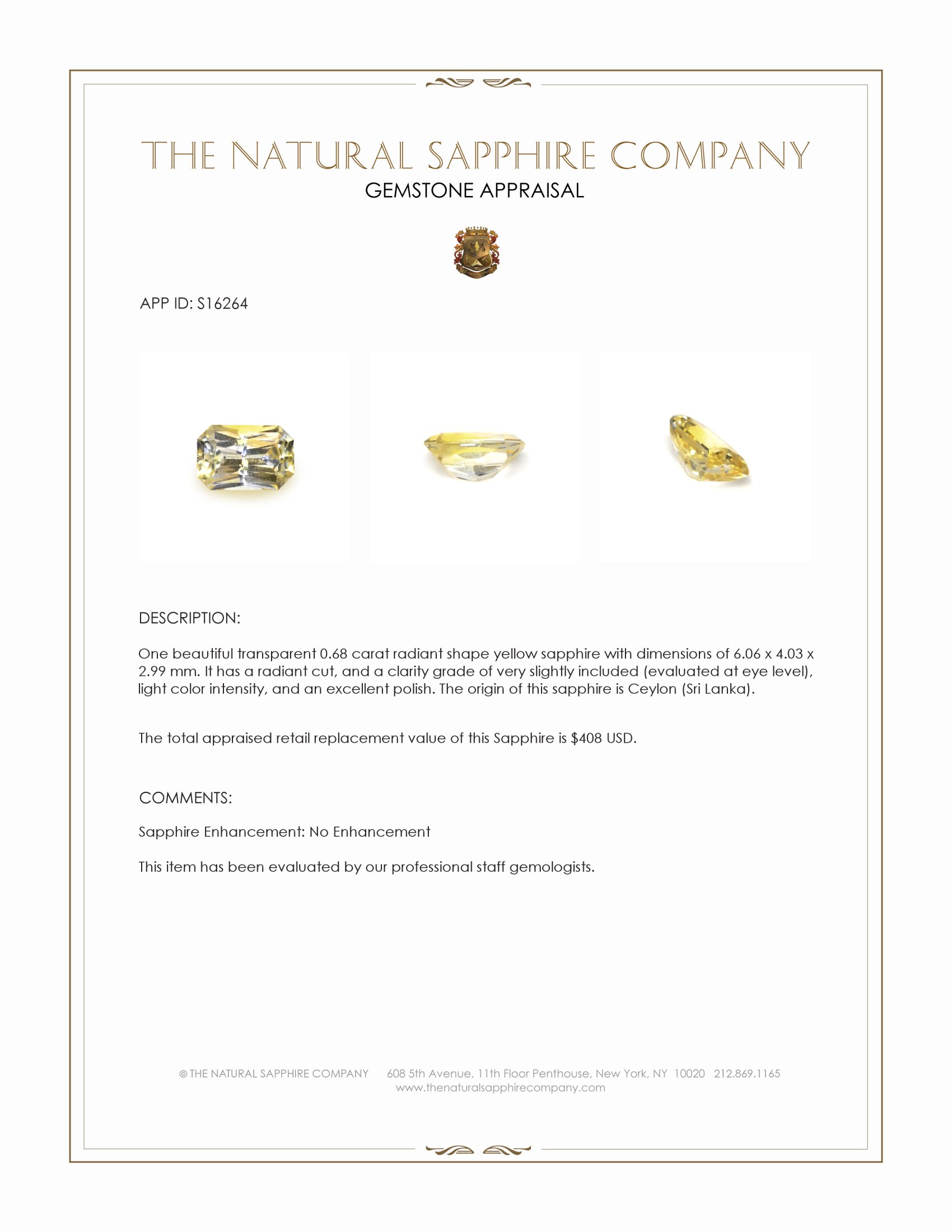 0.68 Ct. Yellow Sapphire from Ceylon (Sri Lanka)