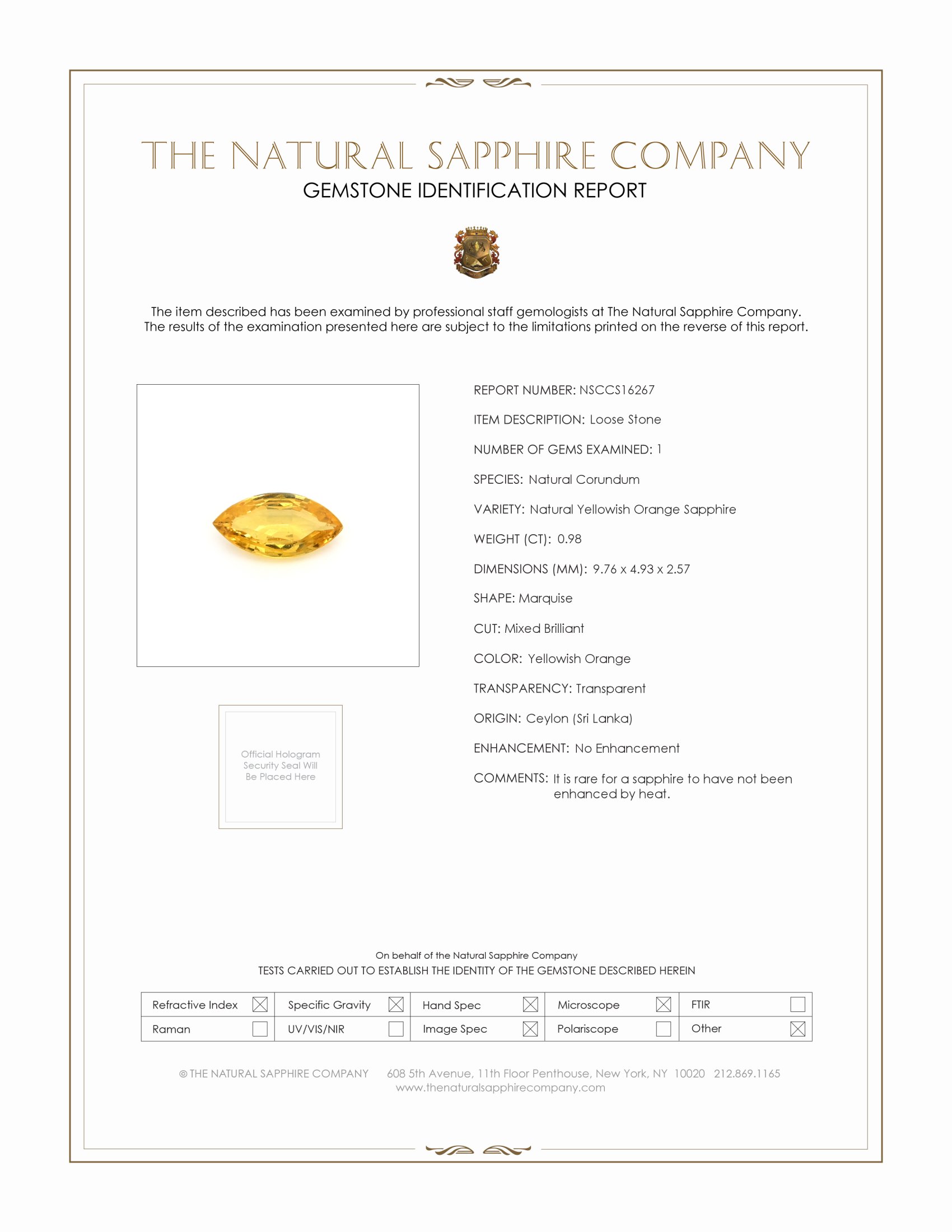 0.98 Ct. Yellowish Orange Sapphire from Ceylon (Sri Lanka)