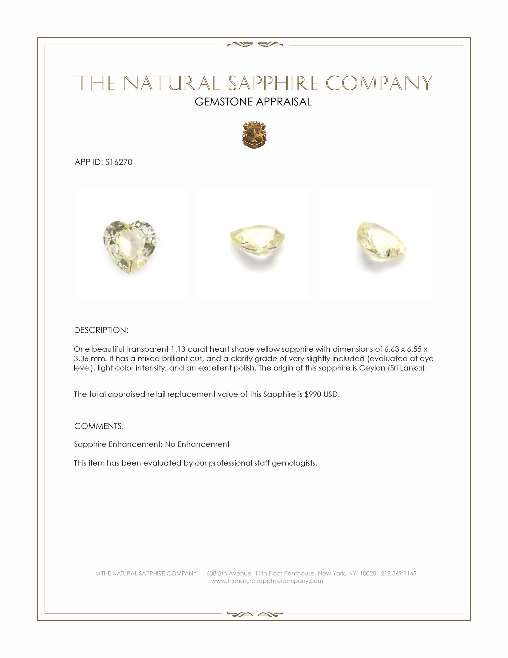 1.13 Ct. Yellow Sapphire from Ceylon (Sri Lanka)